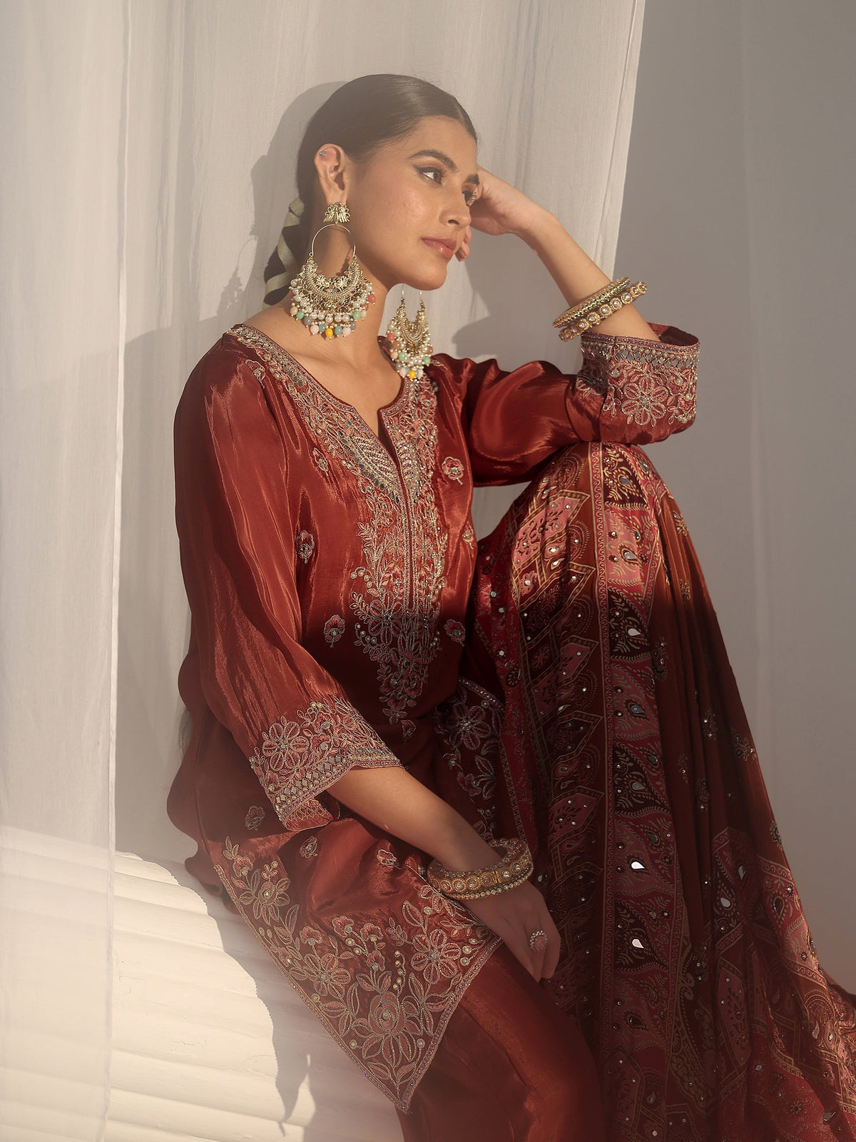 Anouk Art Rust Brown Floral Embroidered Crepe Palazzo Suit Set