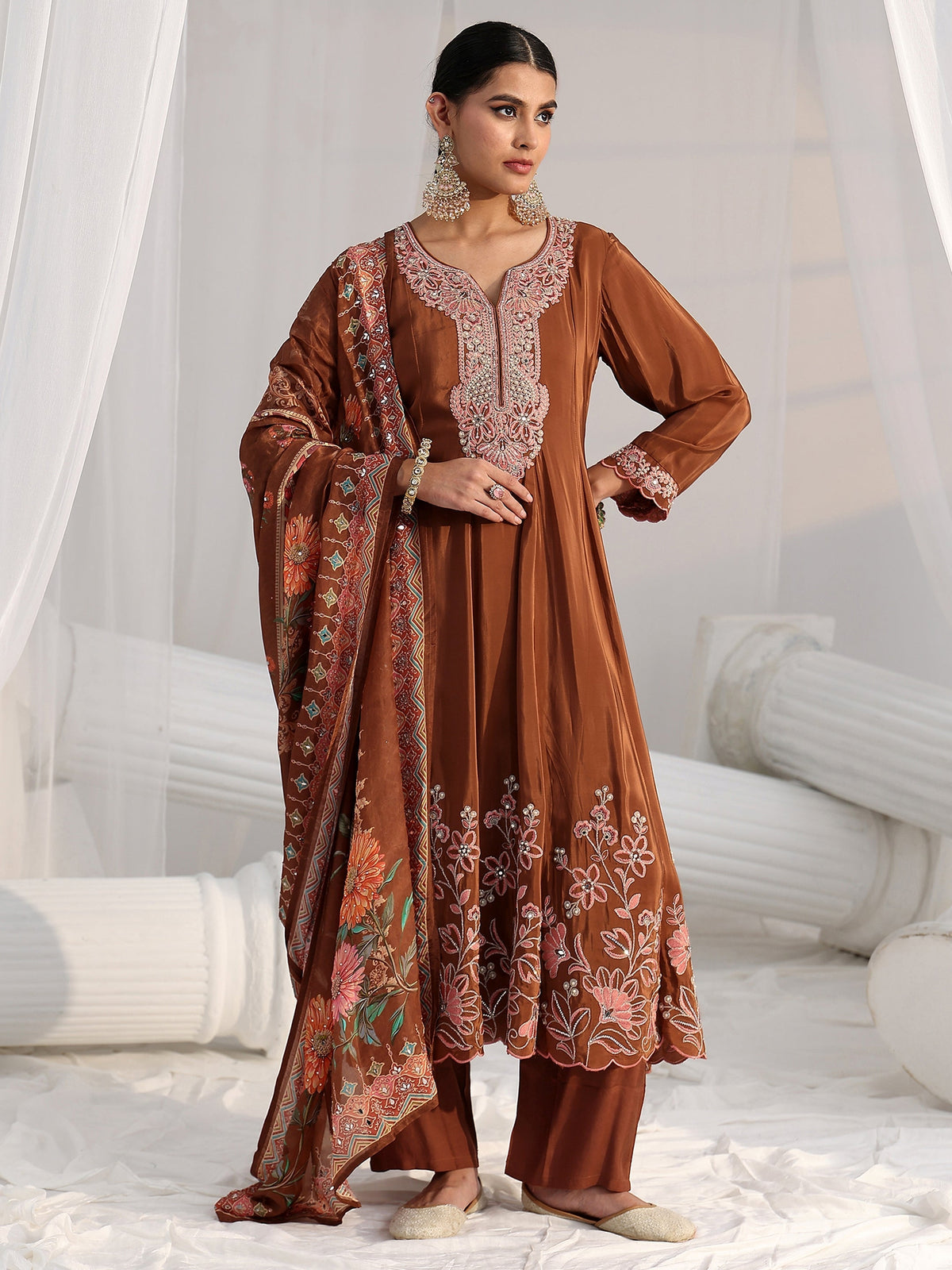Anouk Art Brown Floral Embellished Crepe Anarkali Suit Set