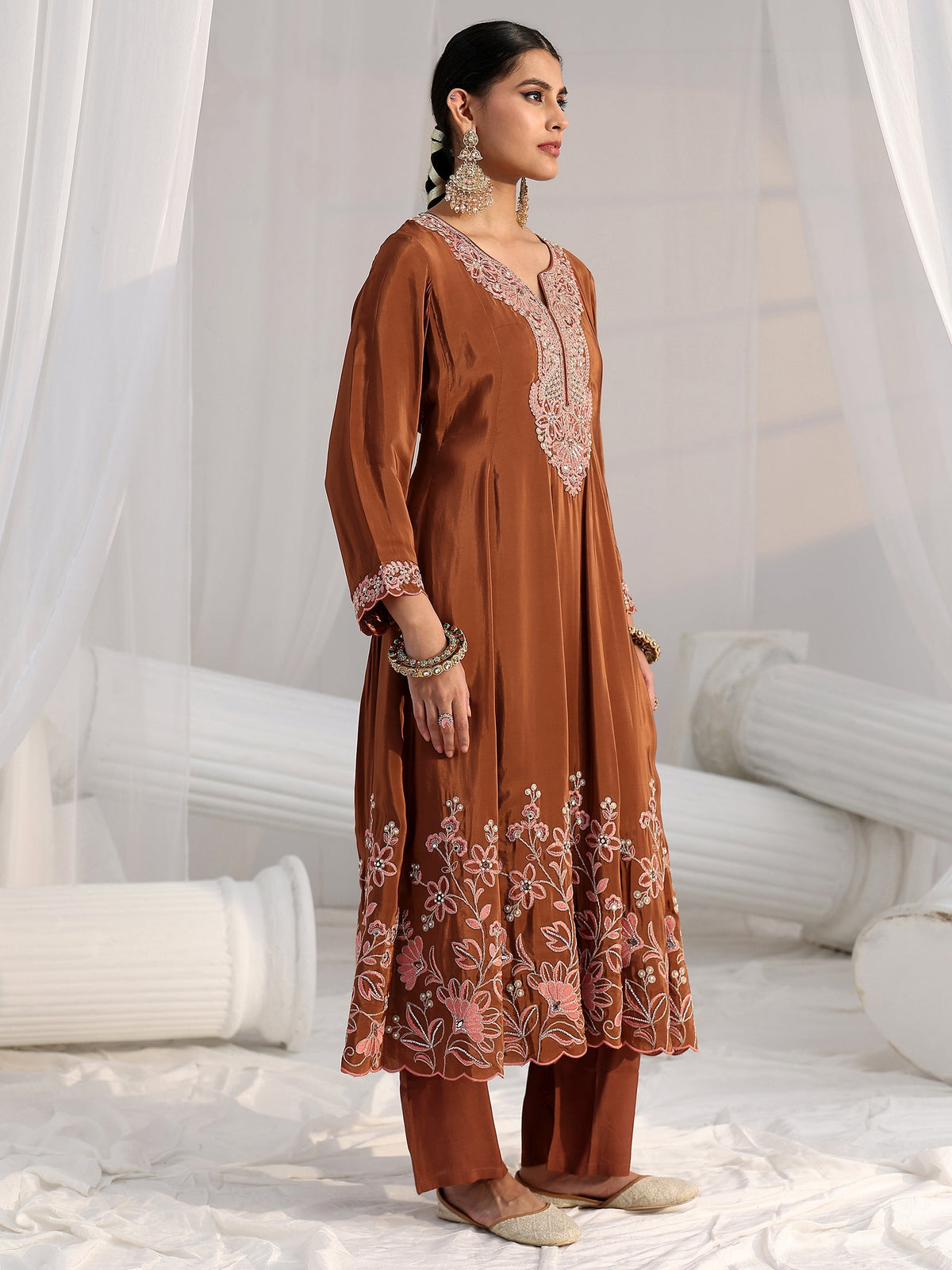 Anouk Art Brown Floral Embellished Crepe Anarkali Suit Set