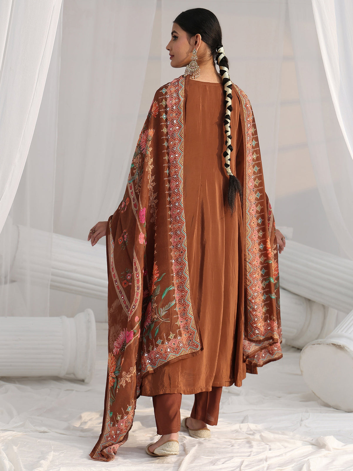 Anouk Art Brown Floral Embellished Crepe Anarkali Suit Set