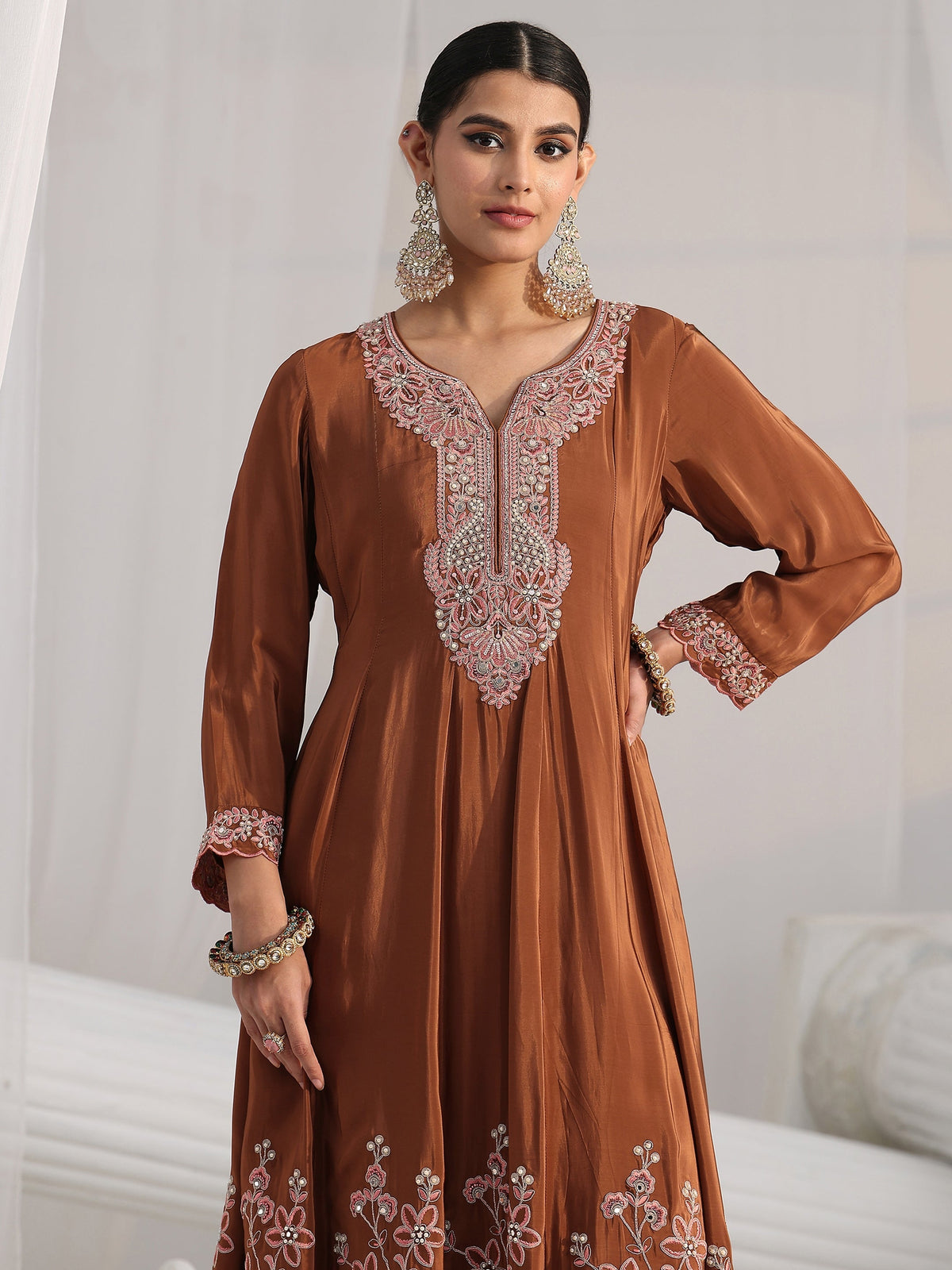 Anouk Art Brown Floral Embellished Crepe Anarkali Suit Set