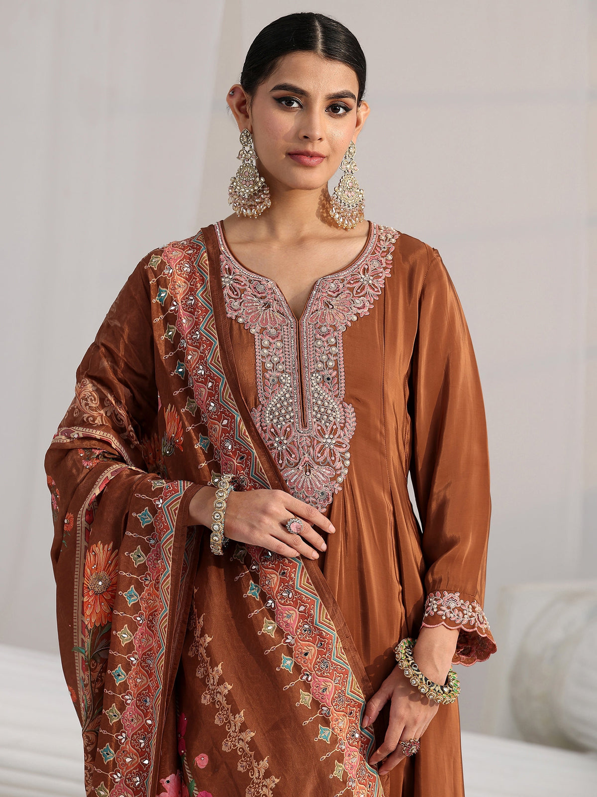 Anouk Art Brown Floral Embellished Crepe Anarkali Suit Set