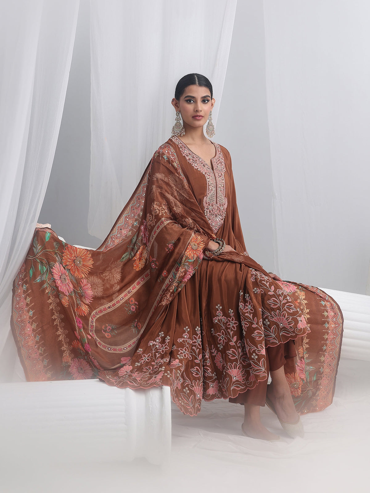Anouk Art Brown Floral Embellished Crepe Anarkali Suit Set