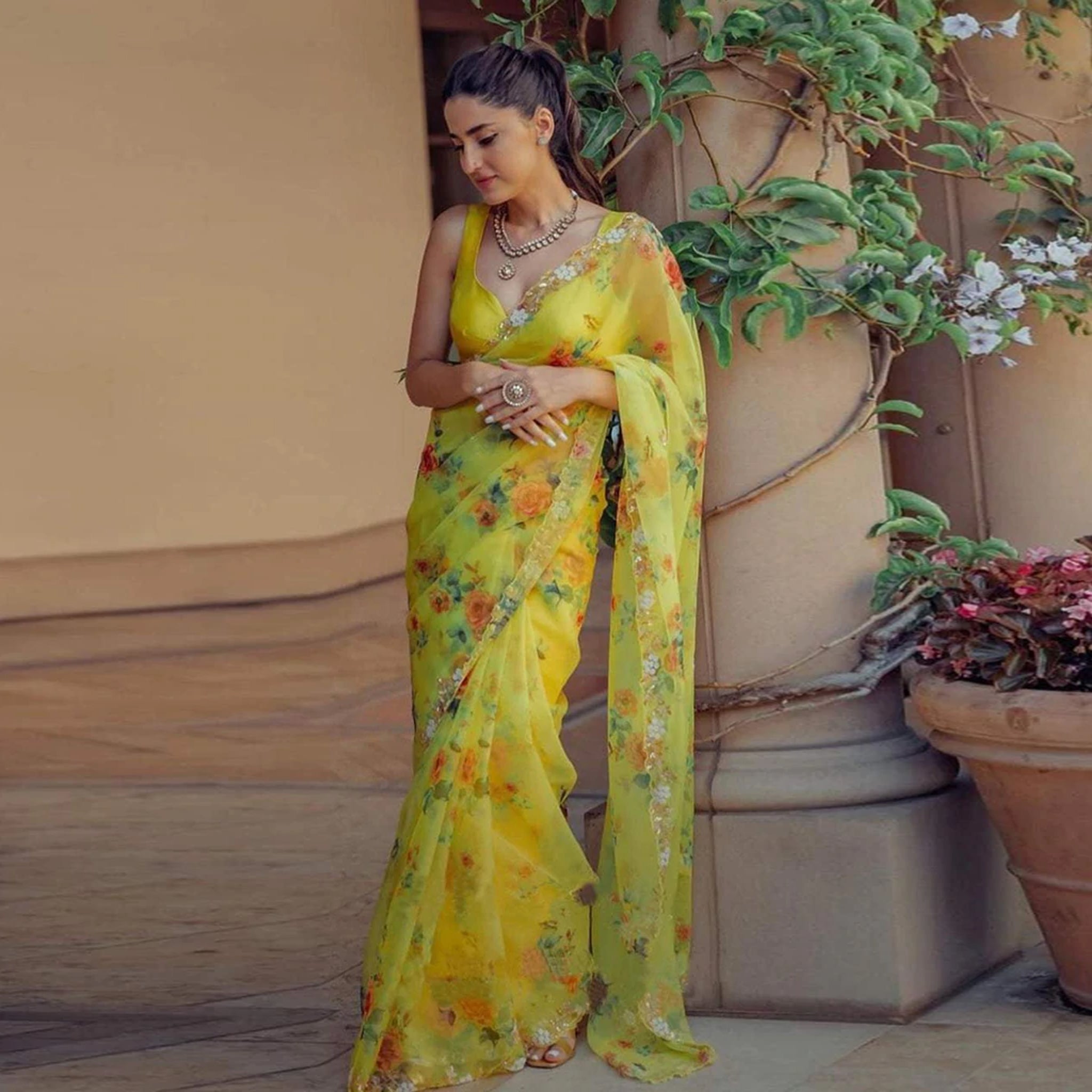 Organza Silk Saree with Digital Print and Handcrafted Khatli and Pearl Work Blouse for Wedding and Party