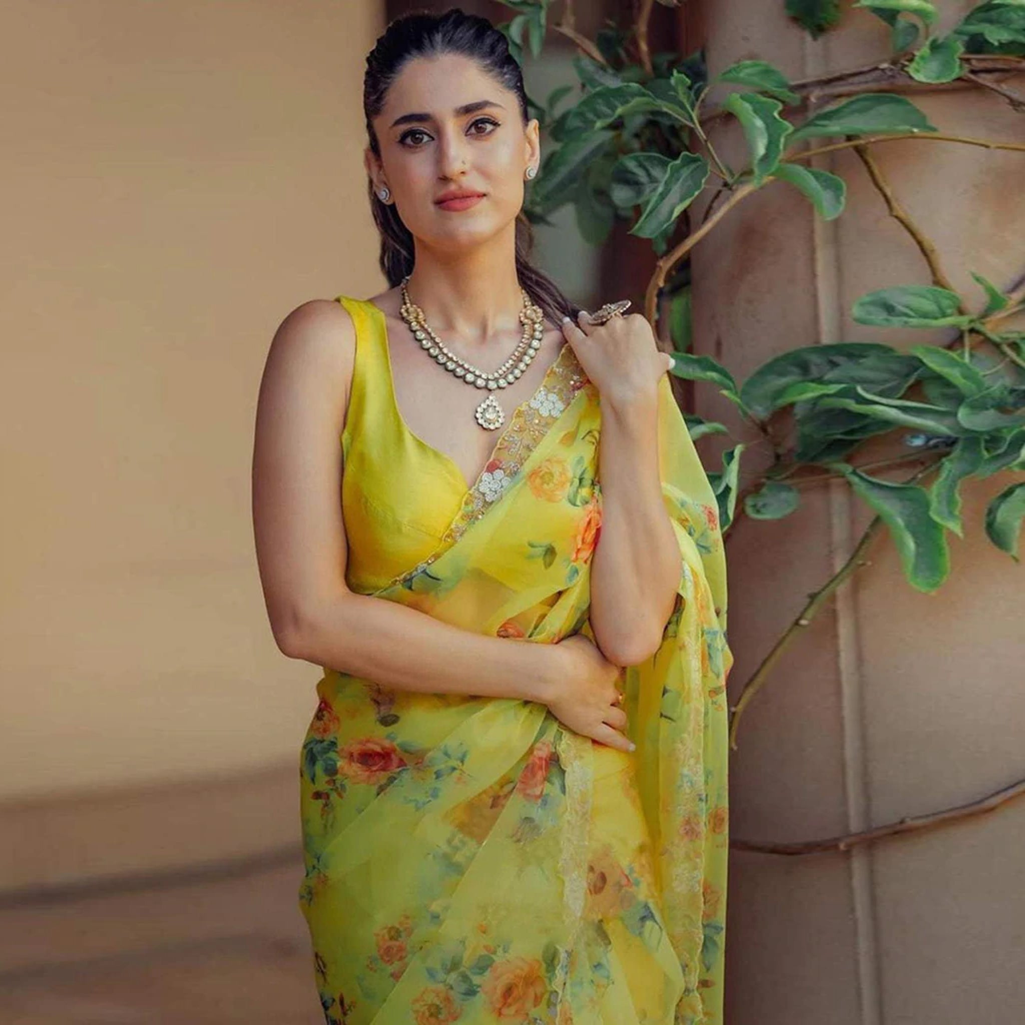 Organza Silk Saree with Digital Print and Handcrafted Khatli and Pearl Work Blouse for Wedding and Party