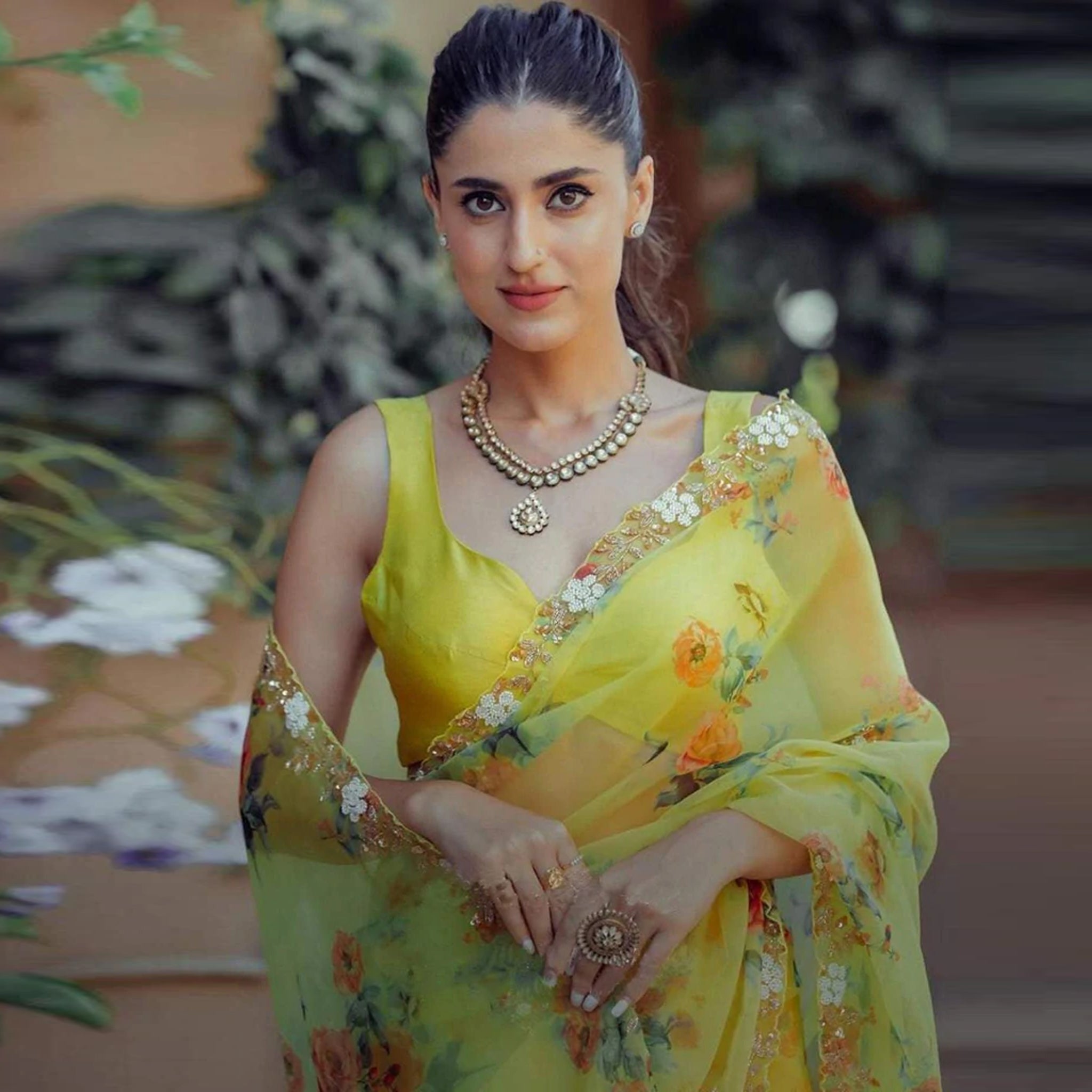 Organza Silk Saree with Digital Print and Handcrafted Khatli and Pearl Work Blouse for Wedding and Party