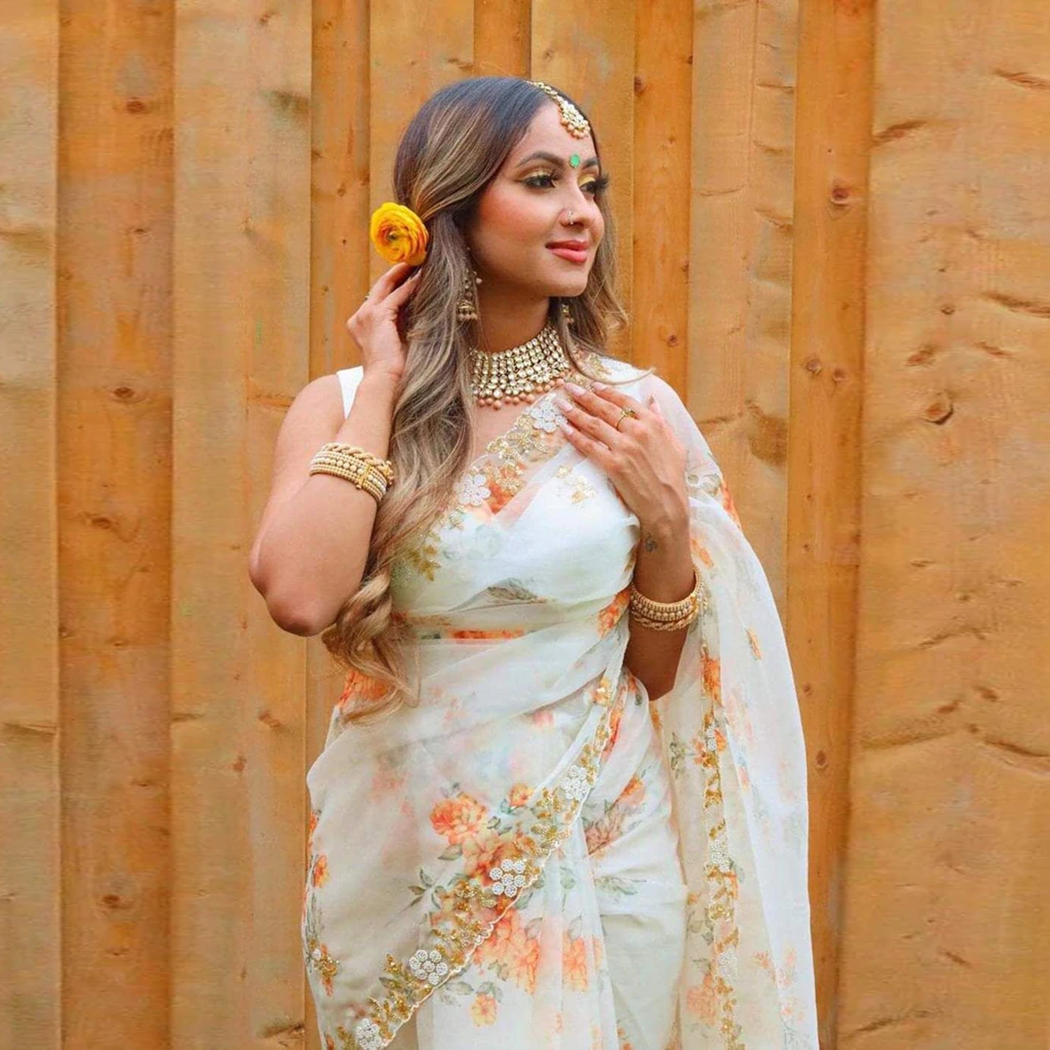Organza Silk Saree with Digital Print and Handcrafted Khatli and Pearl Work Blouse for Wedding and Party