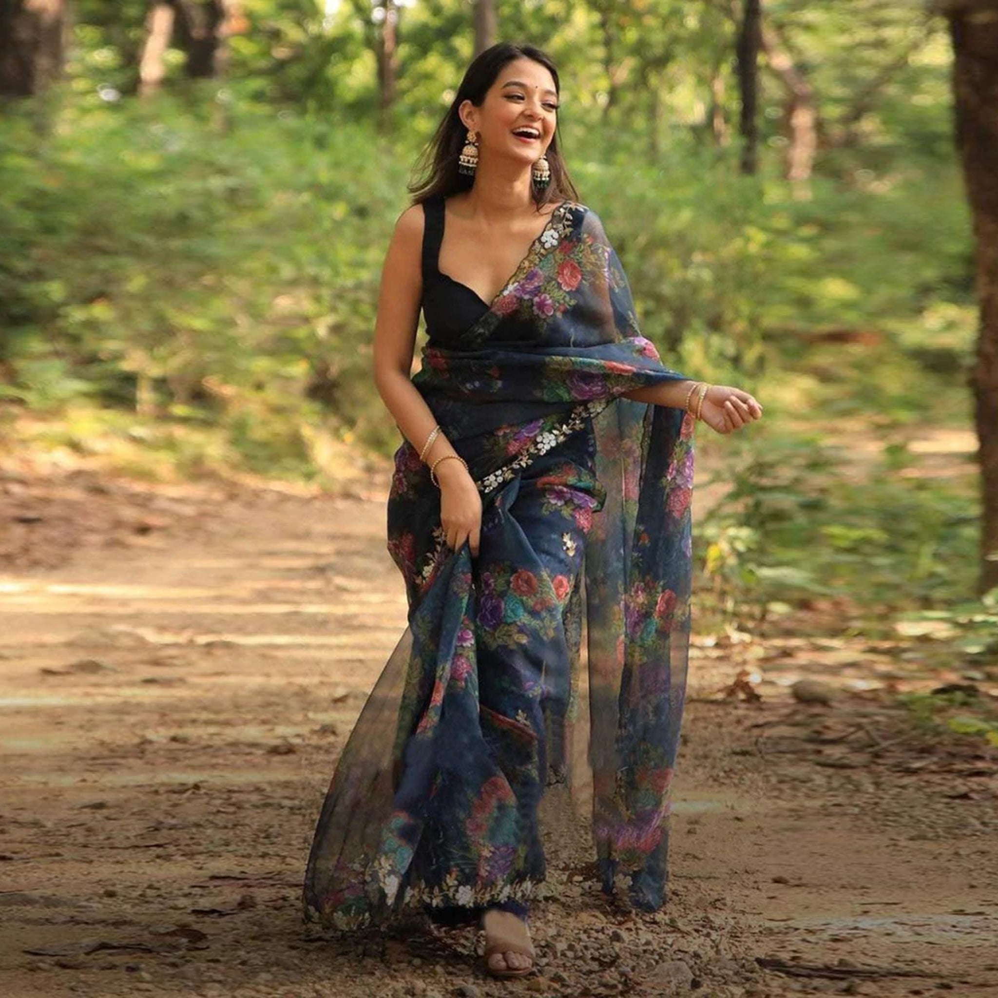 Organza Silk Saree with Digital Print and Handcrafted Khatli and Pearl Work Blouse for Wedding and Party