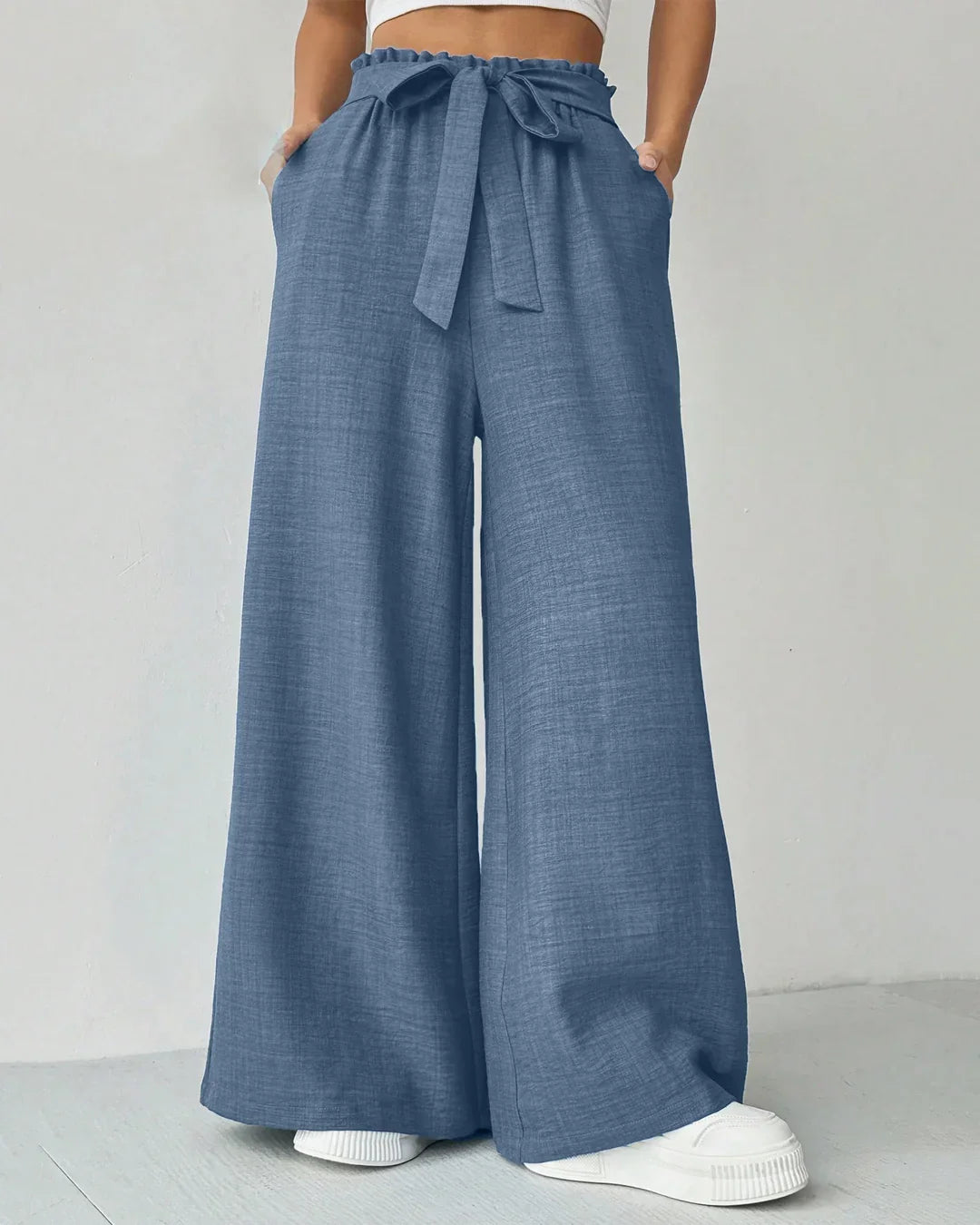 High Waist Wide Leg Trousers with Waist Tie in French  Blue