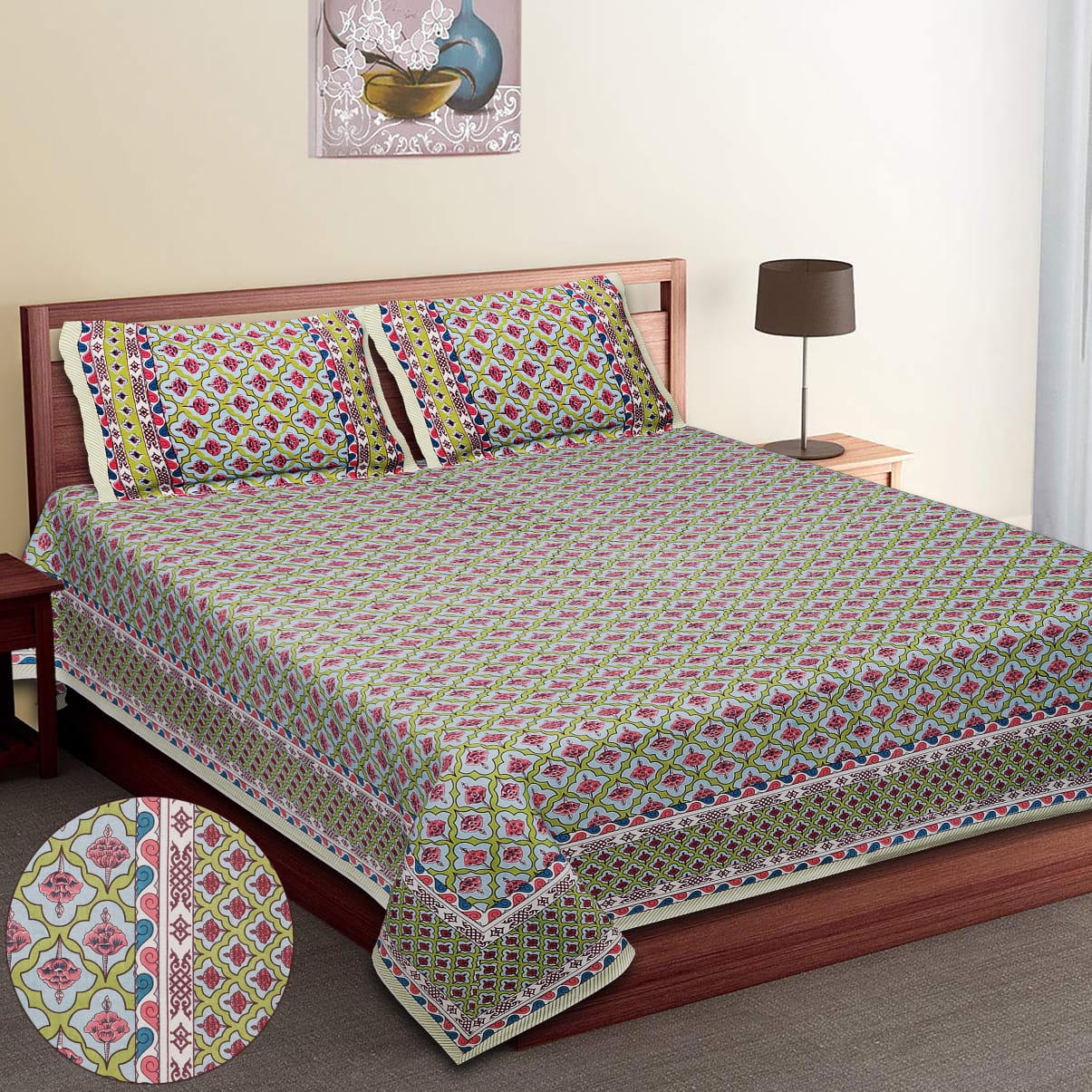 King-Size Bed Sheet Set with 2 Pillow Covers (Cotton Autoloom Fabric)