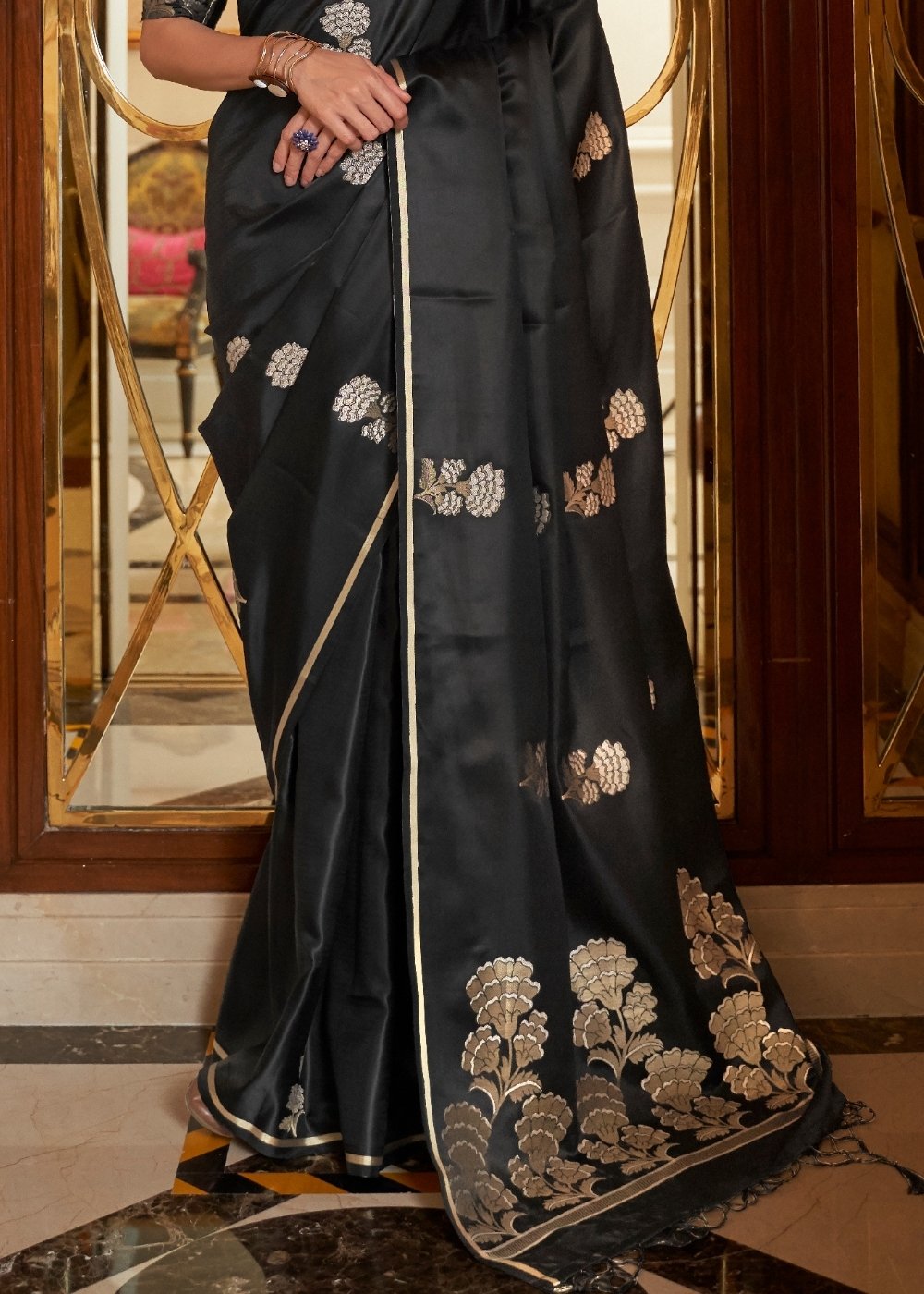 Midnight Black Designer Satin Silk Saree