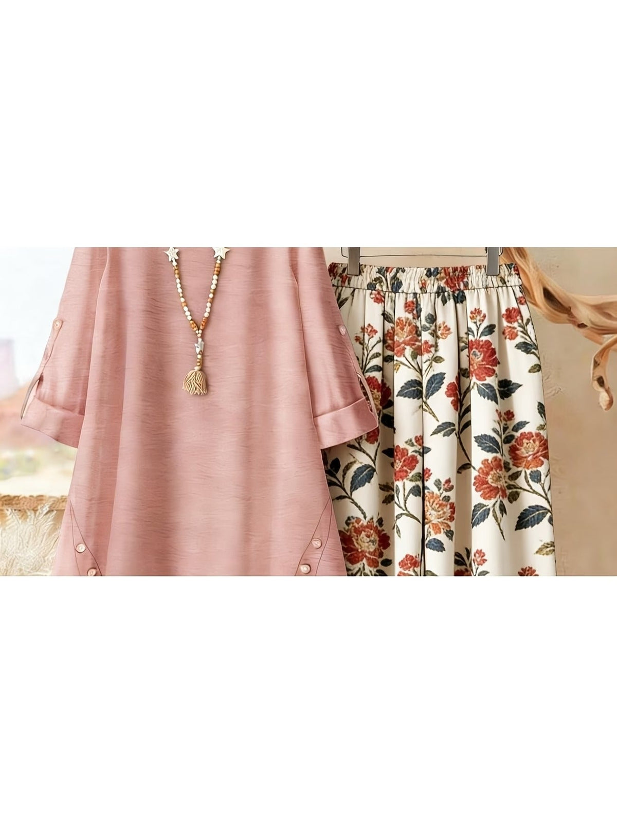 Plus Size Retro Print Two-Piece Set – Casual Long Sleeve Top & Comfortable Pants Outfit for Women