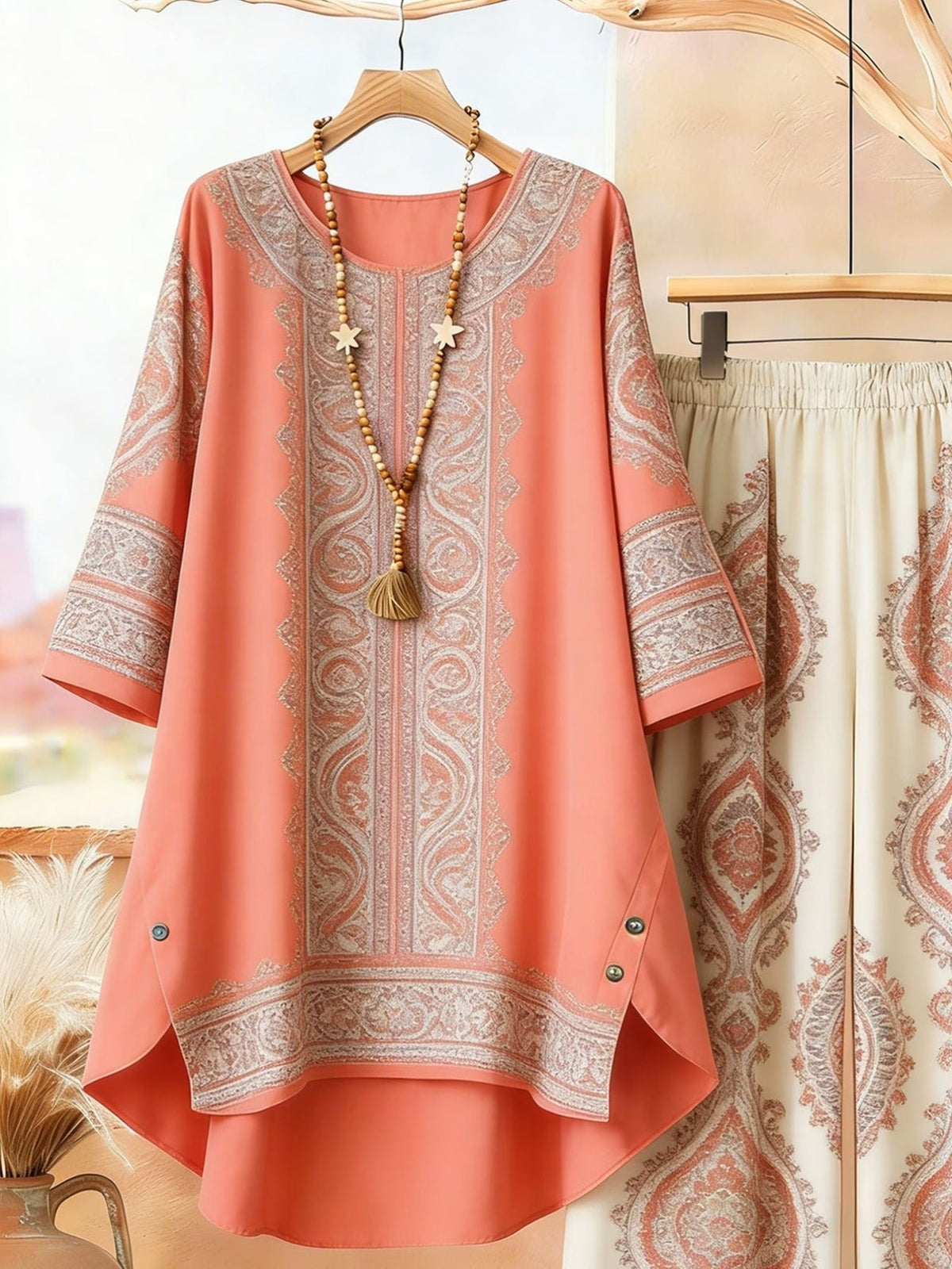 Featuring Persian Floral Print Design, Crew Neck, Dipped Hem, Suitable for Everyday Casual Wear, Comfortable and Stylish