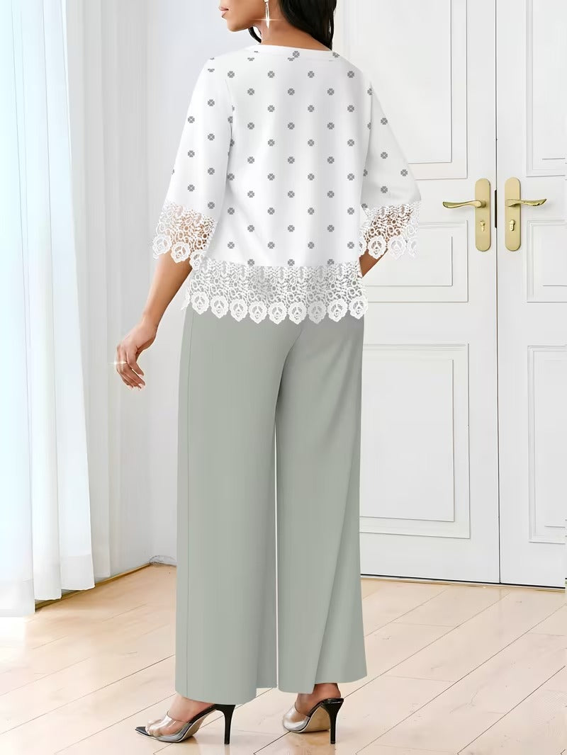 Chic Polka Dot Lace Co-Ord Set – Elegant Round Neck Top with Relaxed Fit Solid Trousers