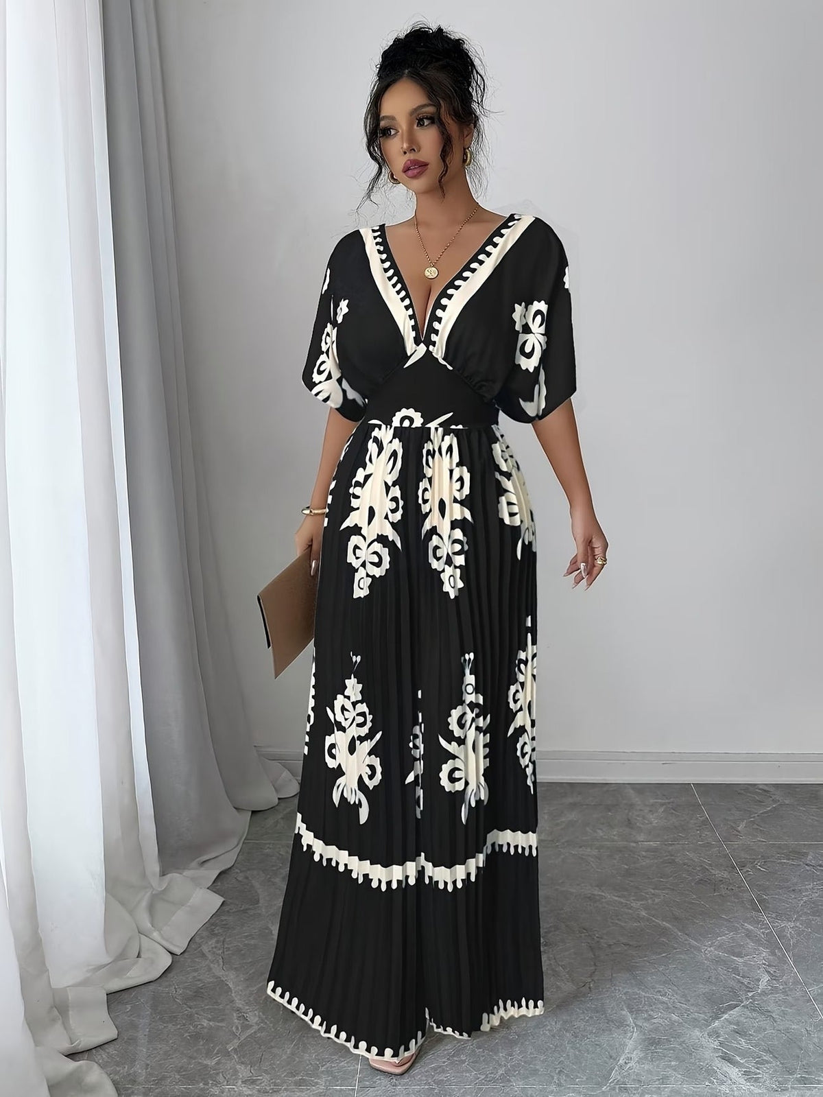 Chic Women’s V-Neck Jumpsuit with Waist-Cinching Fit – Elegant Wide-Leg Fashion Outfit