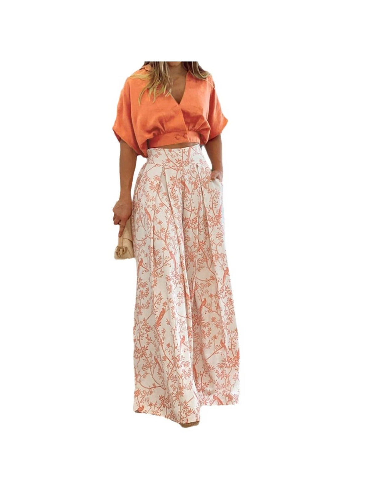 Elegant Printed Wide-Leg Pants Set – V-Neck Shirt Top Stylish Women’s Spring Casual Outfit