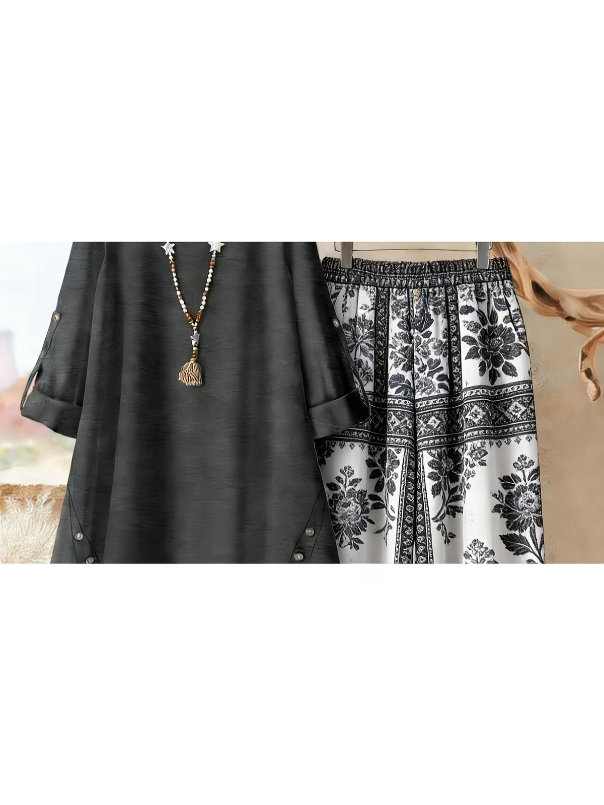Plus Size Retro Print Two-Piece Set – Casual Long Sleeve Top & Comfortable Pants Outfit for Women