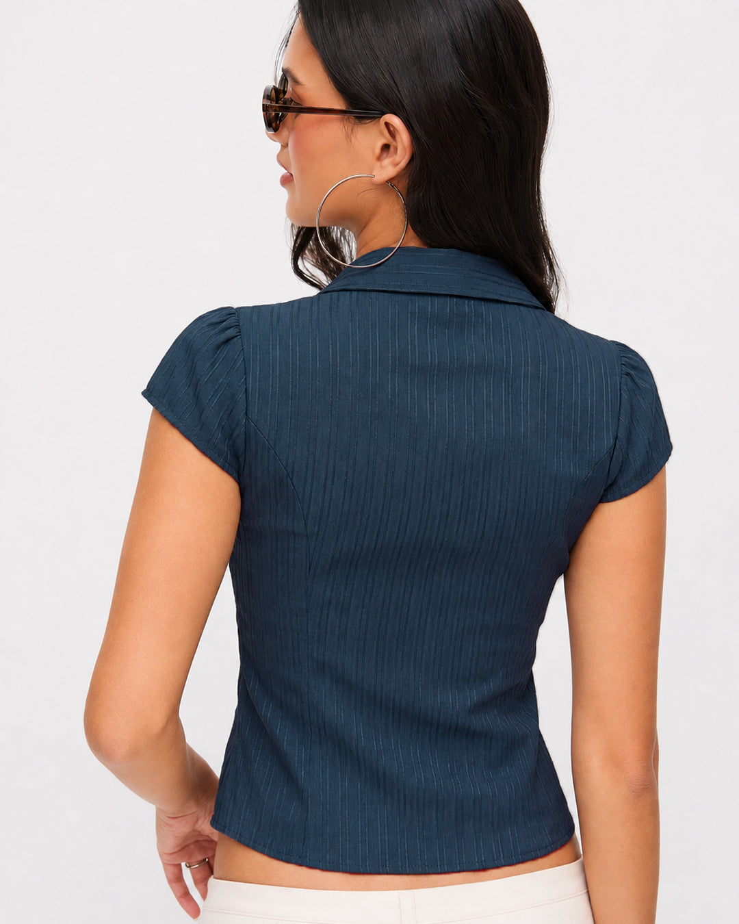 Ruched Waist Collared Button Front Shirt in Pageant Blue