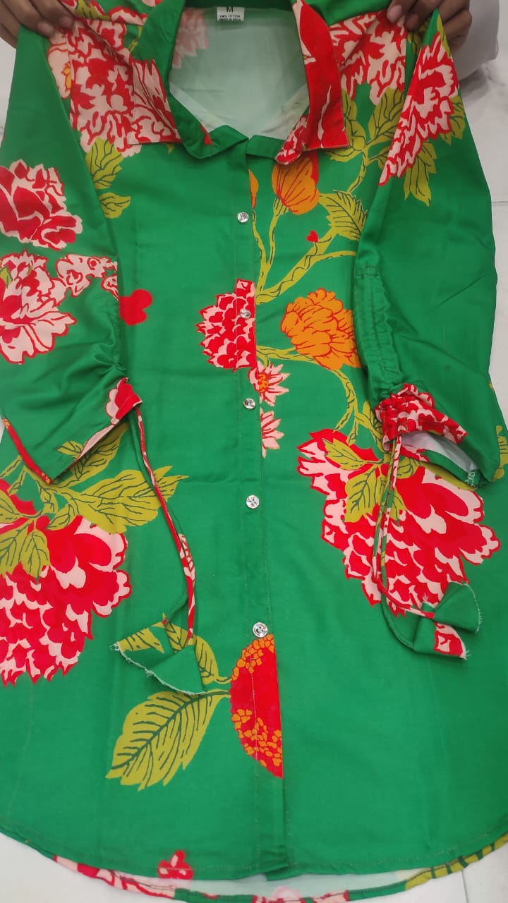 Muslin Digital Print Co-Ord Set – Shirt Collar Top with Dori Pattern Sleeves & Matching Pant