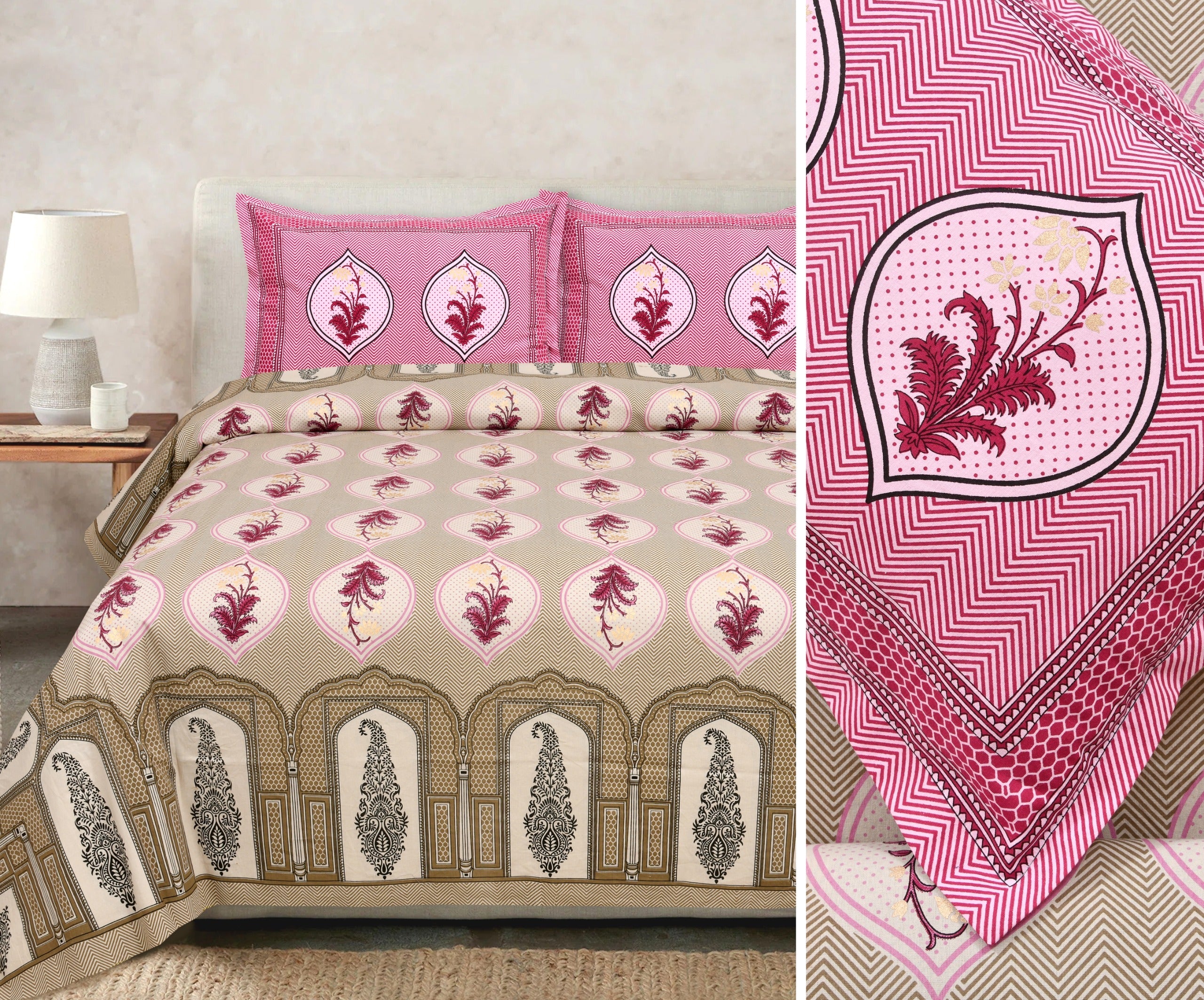 Gold-Print Cotton Bedsheet Set with Coordinated Pillow Covers