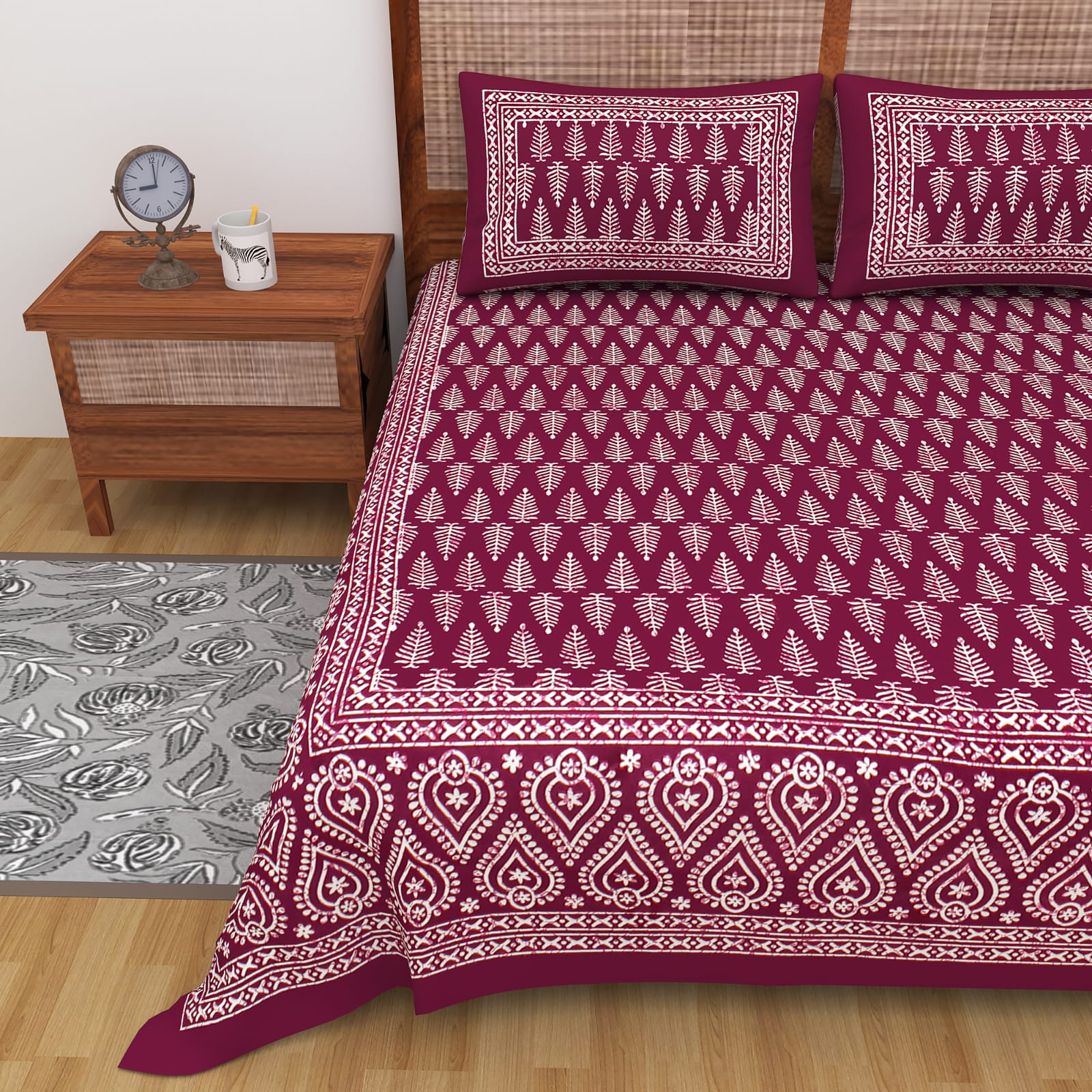 Jaipuri Double Bedsheet Set with Two Pillow Covers - 90x100 Size