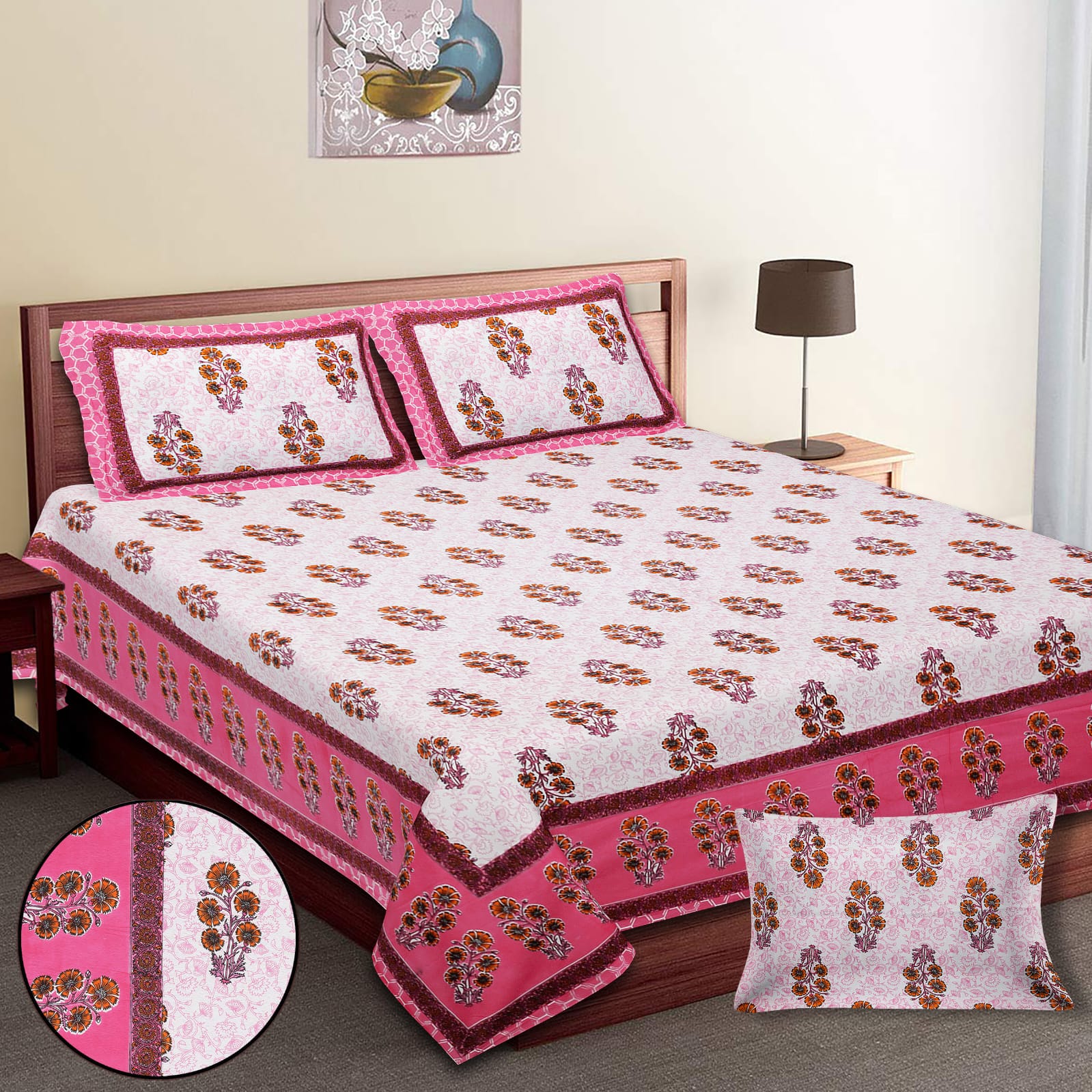 King-Size Cotton Bedsheet Set with Pillow Covers
