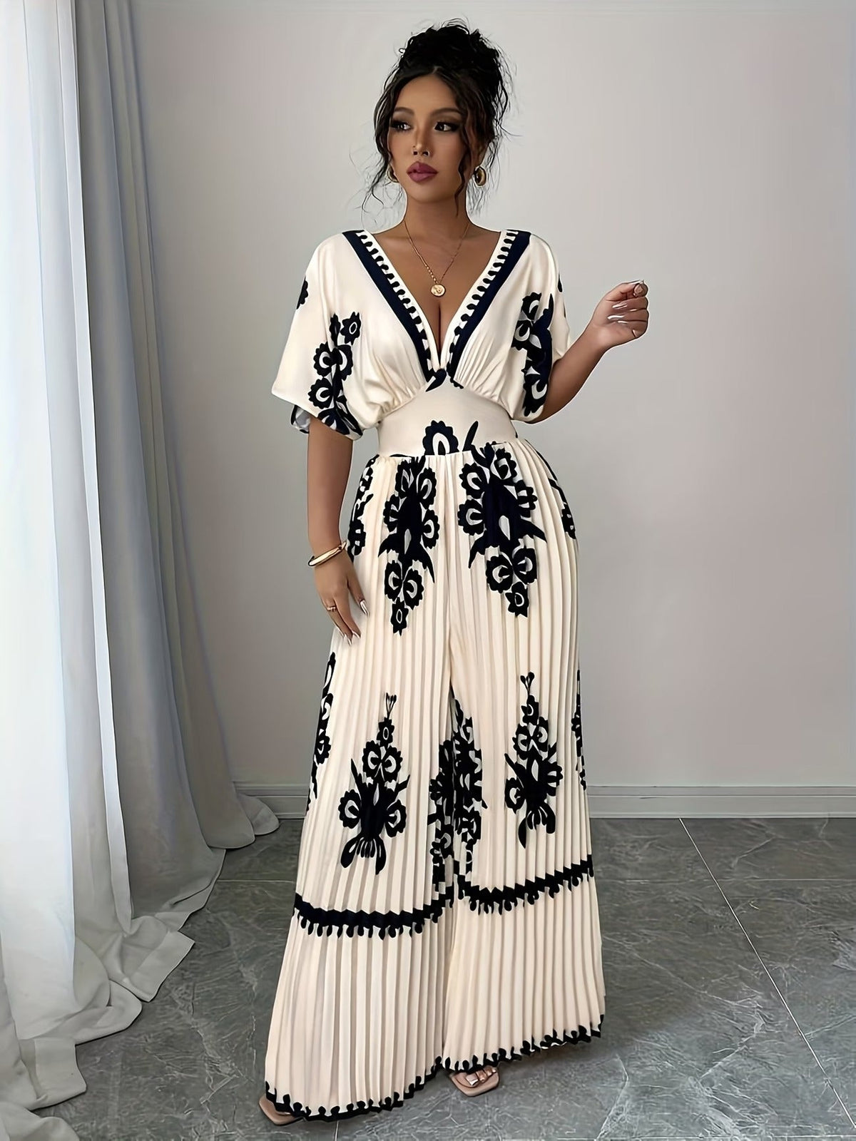 Chic Women’s V-Neck Jumpsuit with Waist-Cinching Fit – Elegant Wide-Leg Fashion Outfit