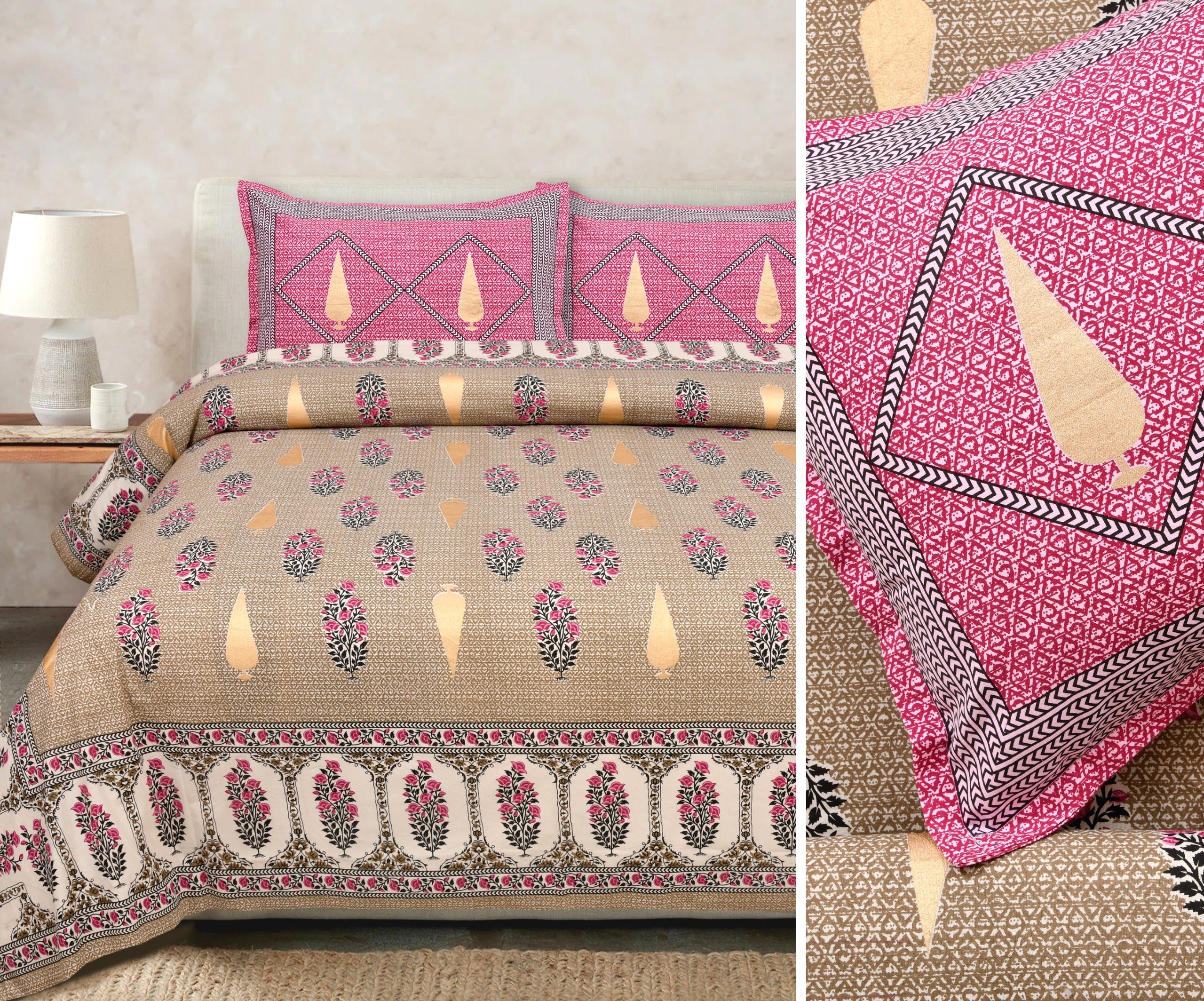 Gold Printed Cotton Bedsheet Set with Coordinating Pillow Covers