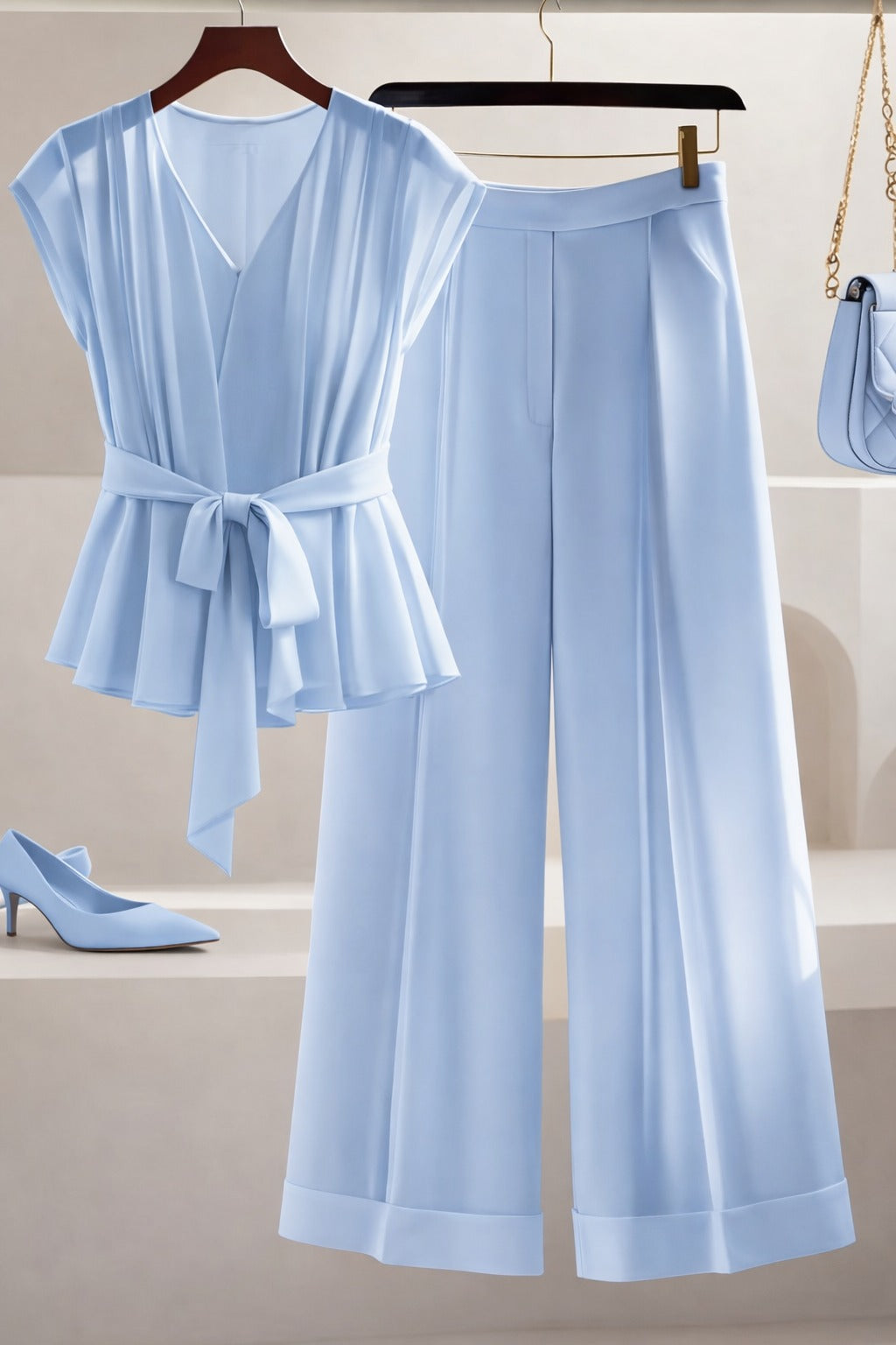 Summer French Solid Two-Piece Set – Elegant Women’s Top & Pants Suit