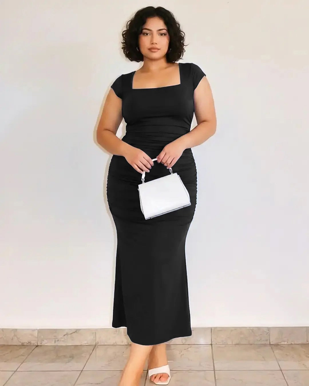 Bodycon Maxi Square Neck Cap Sleeve Dress Curve And Plus in Black