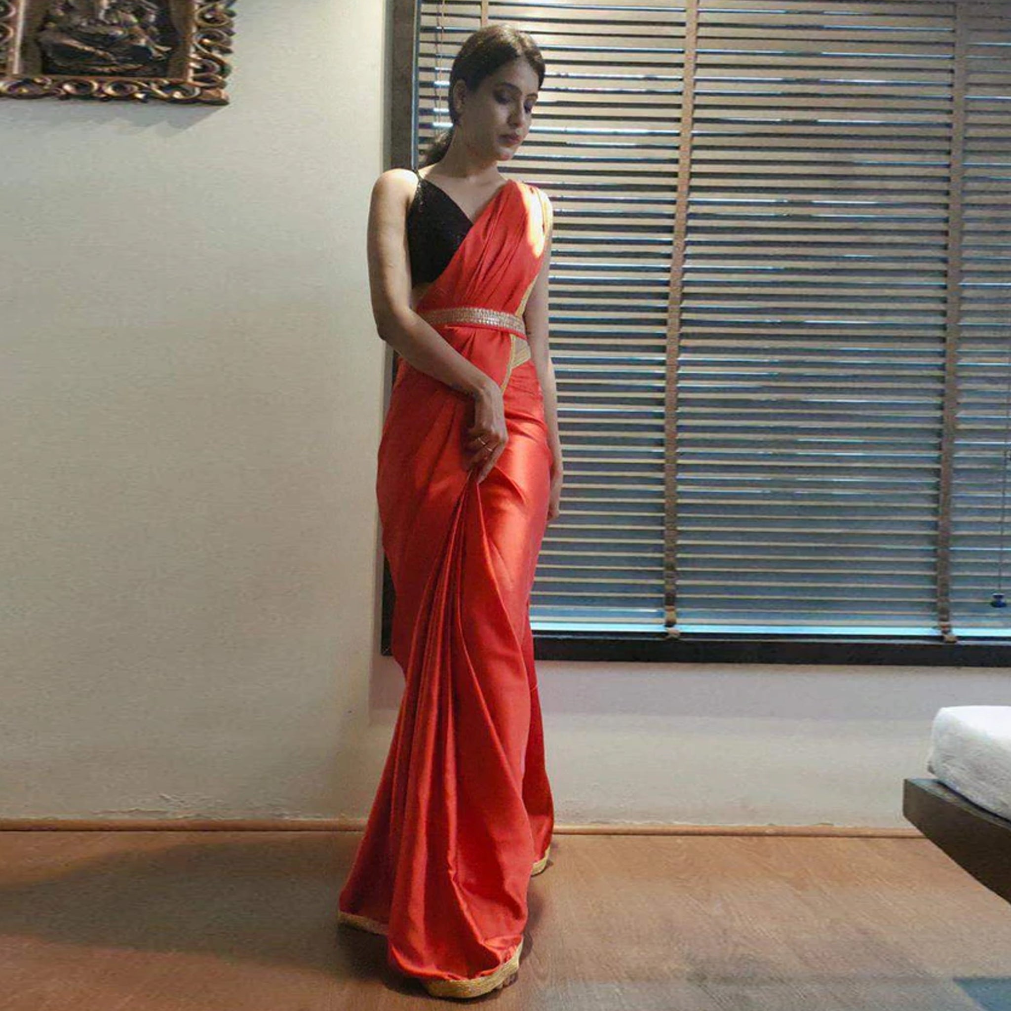 Red Colored Ready to wear Satin Saree