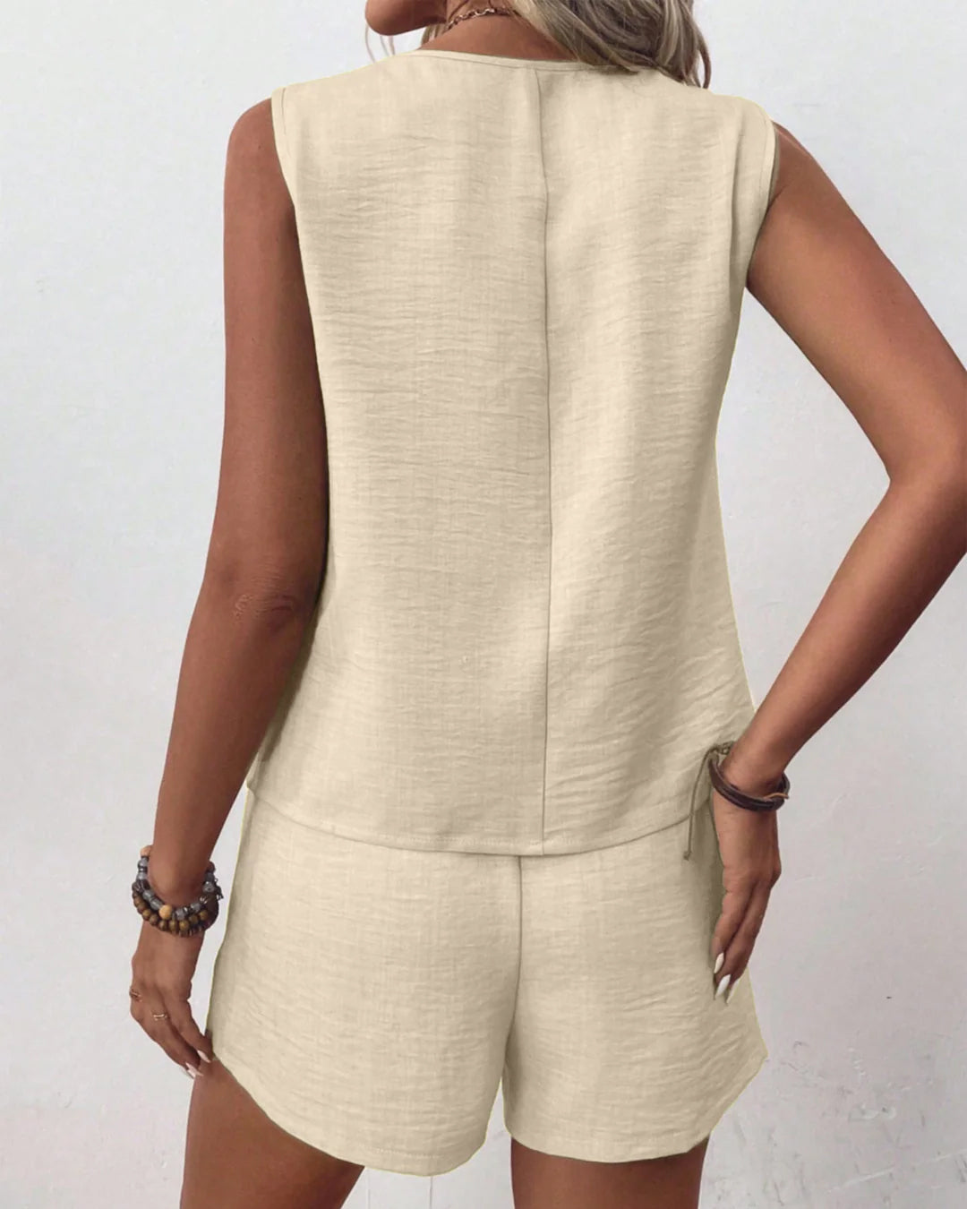 Tie Front Top And Mini Shorts Two Piece Set in Warm Beige