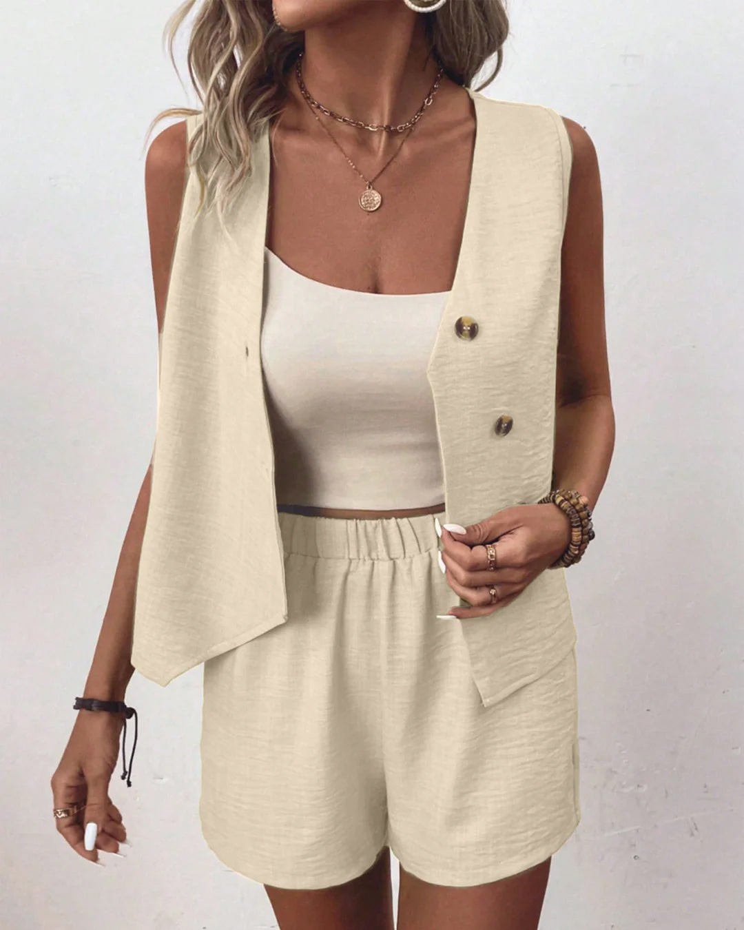 Tie Front Top And Mini Shorts Two Piece Set in Warm Beige