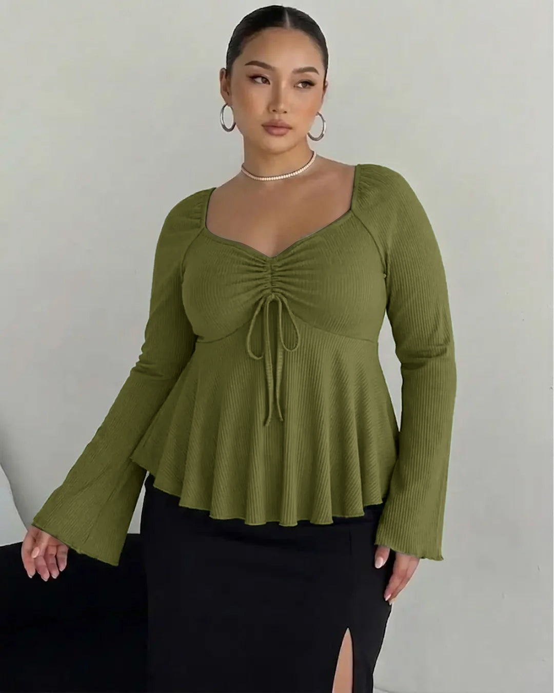 V Neck Ruched Flared Long Sleeve Top Curve And Plus in Sage Green