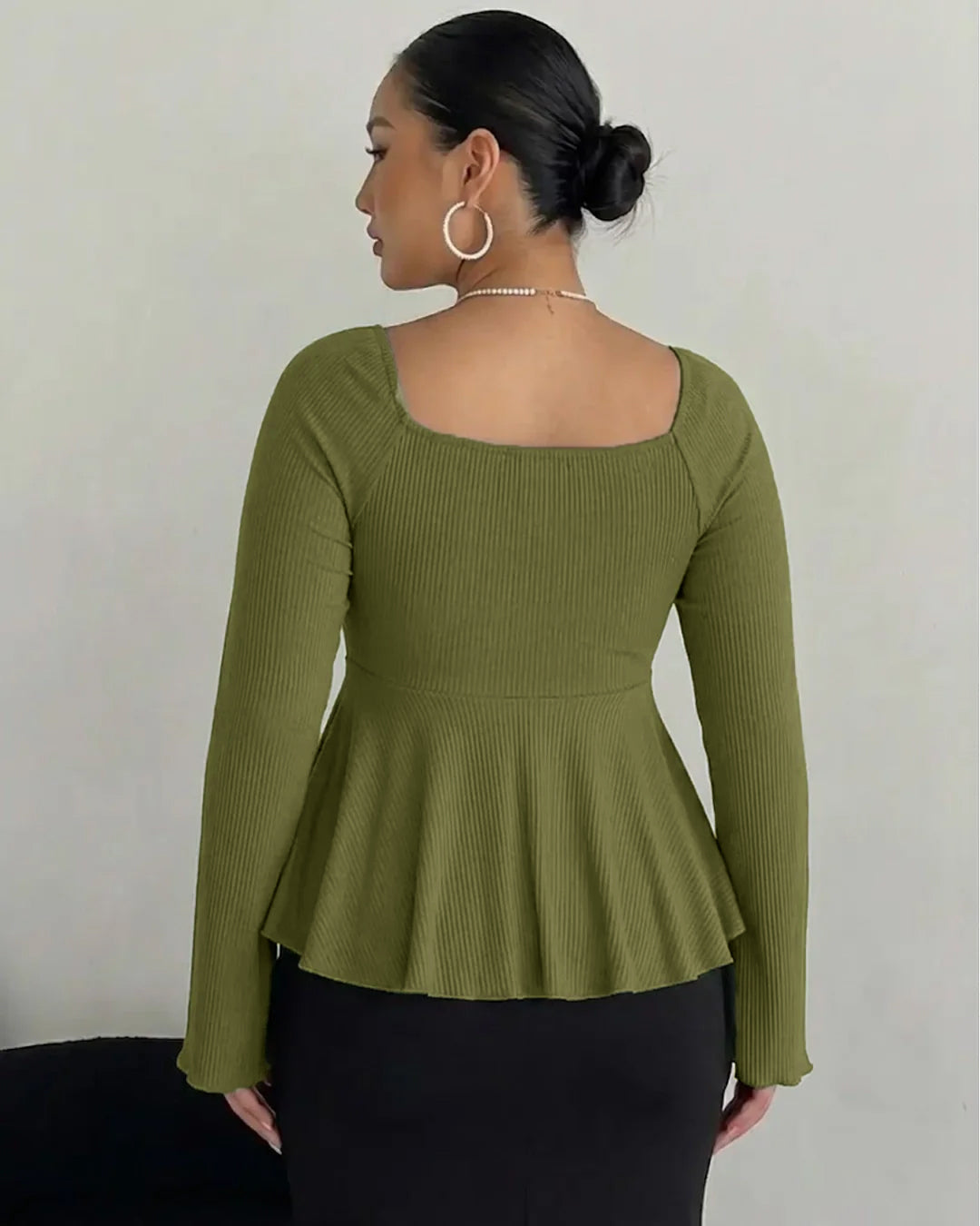 V Neck Ruched Flared Long Sleeve Top Curve And Plus in Sage Green