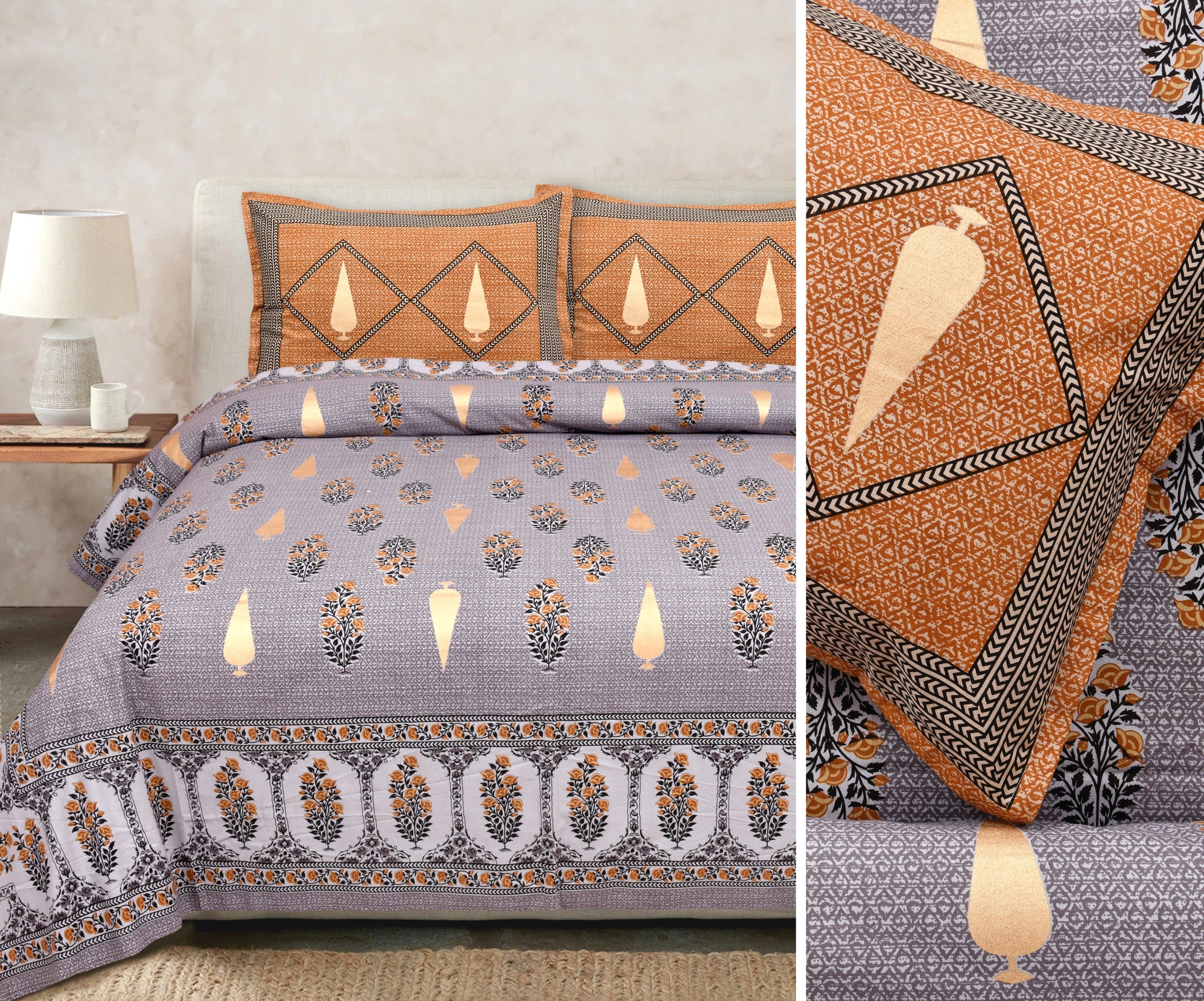 Gold Printed Cotton Bedsheet Set with Coordinating Pillow Covers