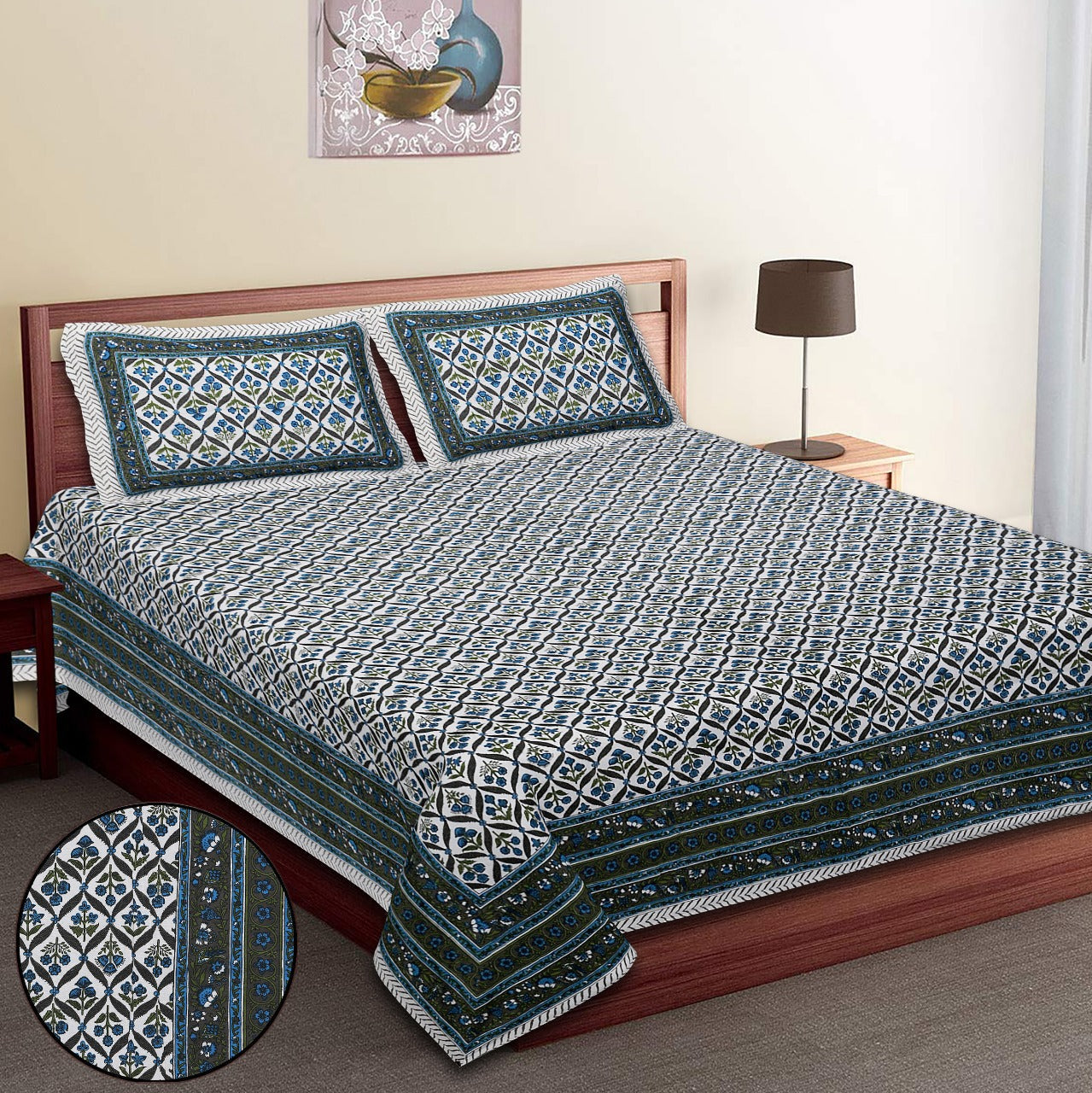 King-Size Bed Sheet Set with 2 Pillow Covers (Cotton Autoloom Fabric)