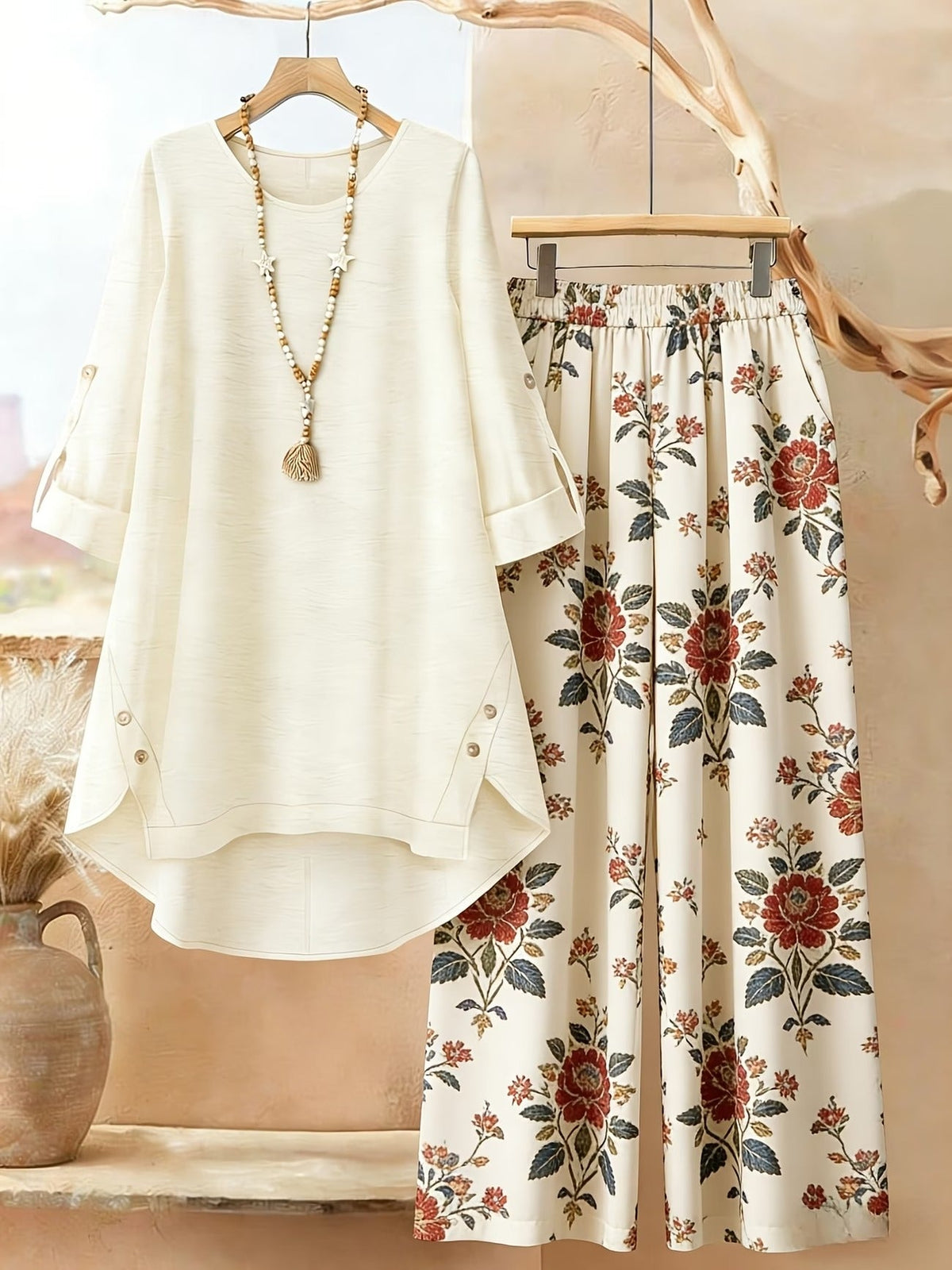Plus Size Retro Print Two-Piece Set – Casual Long Sleeve Top & Comfortable Pants Outfit for Women