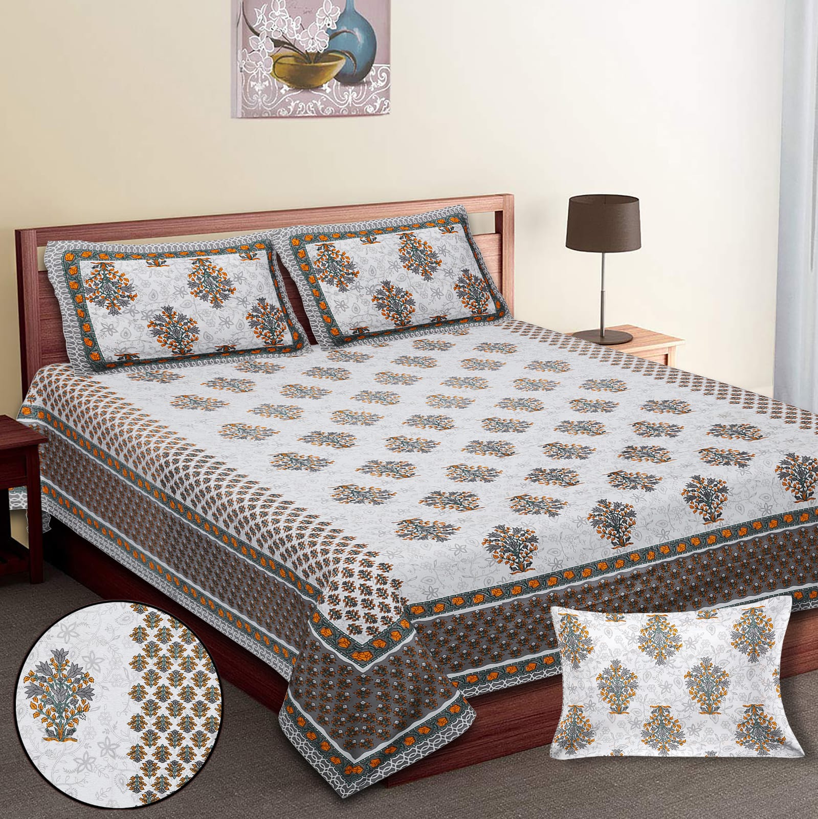 King-Size Cotton Bedsheet Set with Pillow Covers