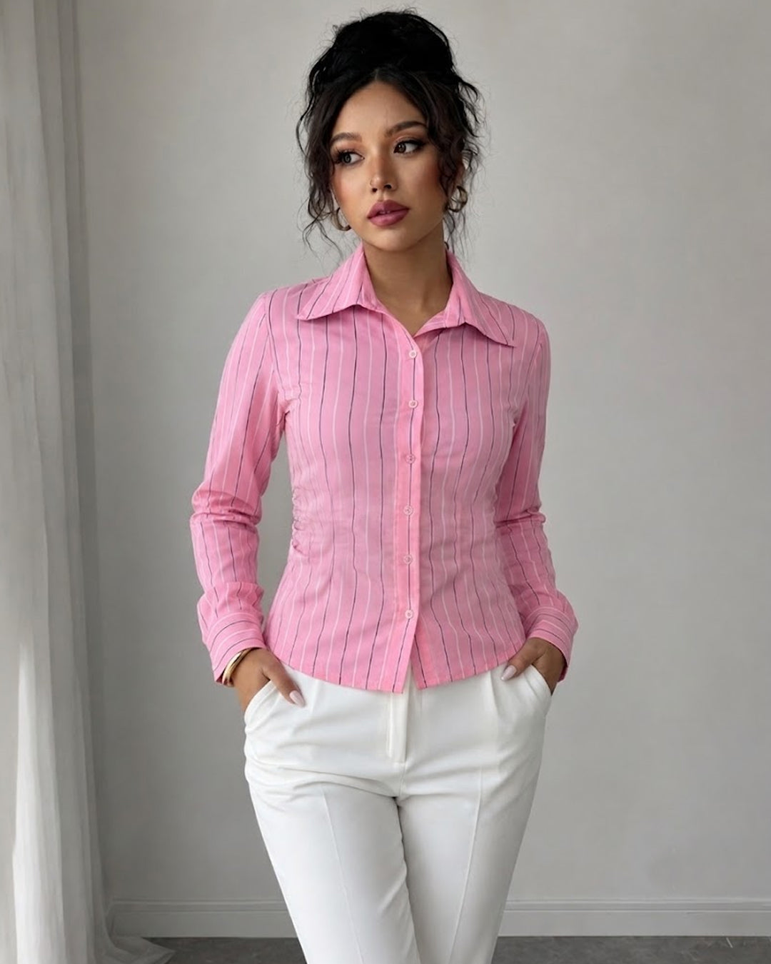 Formal Striped Collared Neck Long Sleeve Shirt in Pink