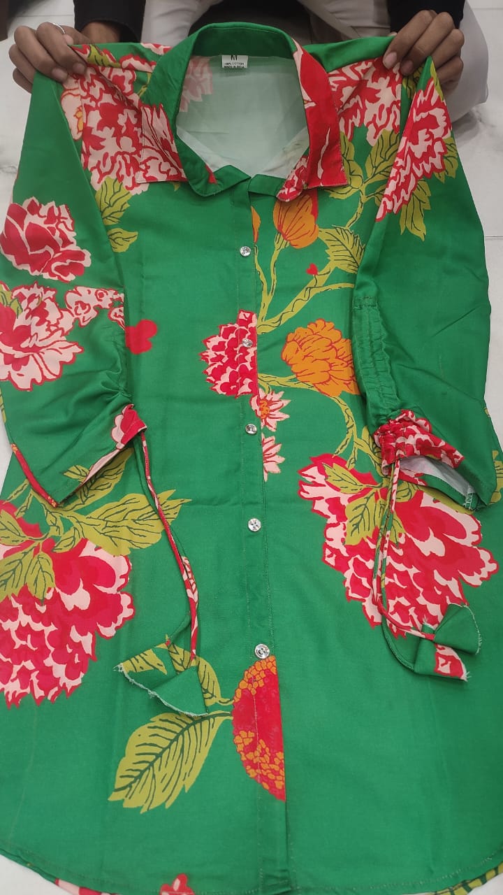 Muslin Digital Print Co-Ord Set – Shirt Collar Top with Dori Pattern Sleeves & Matching Pant