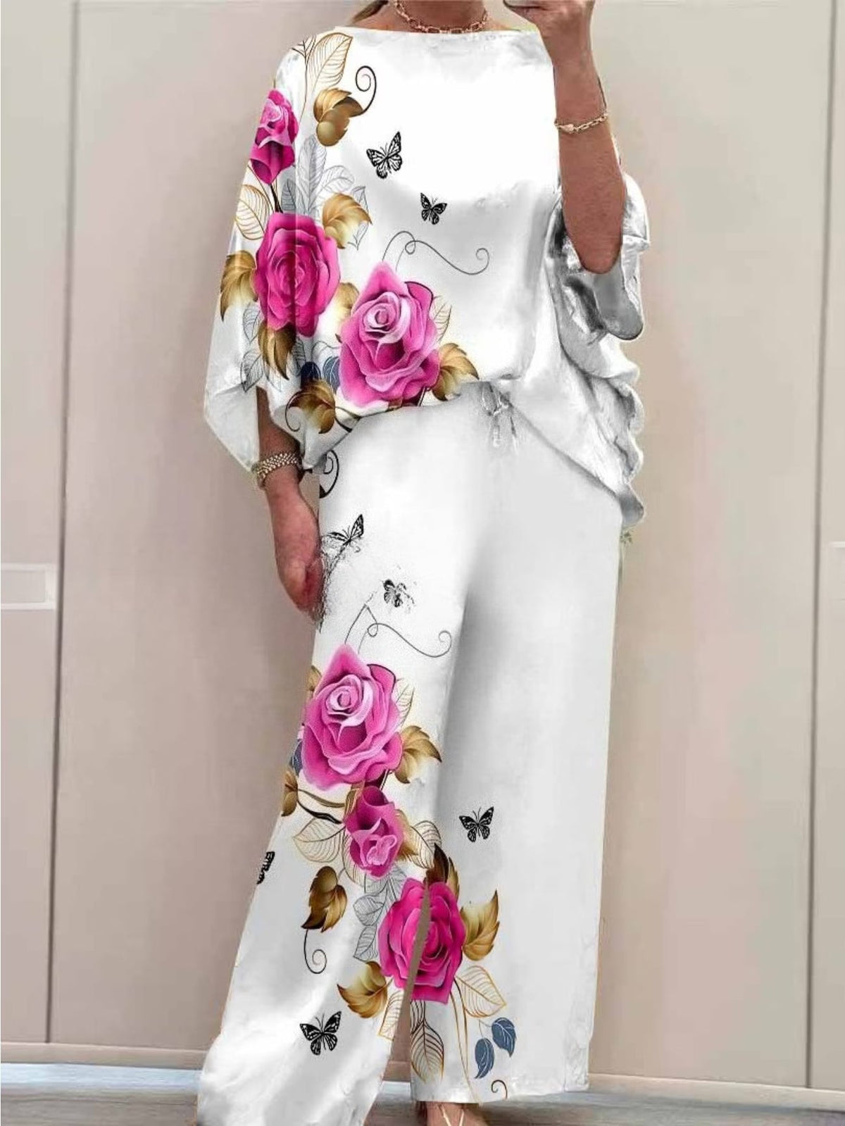 Women's Elegant Printed Batwing Sleeve Two-Piece Set