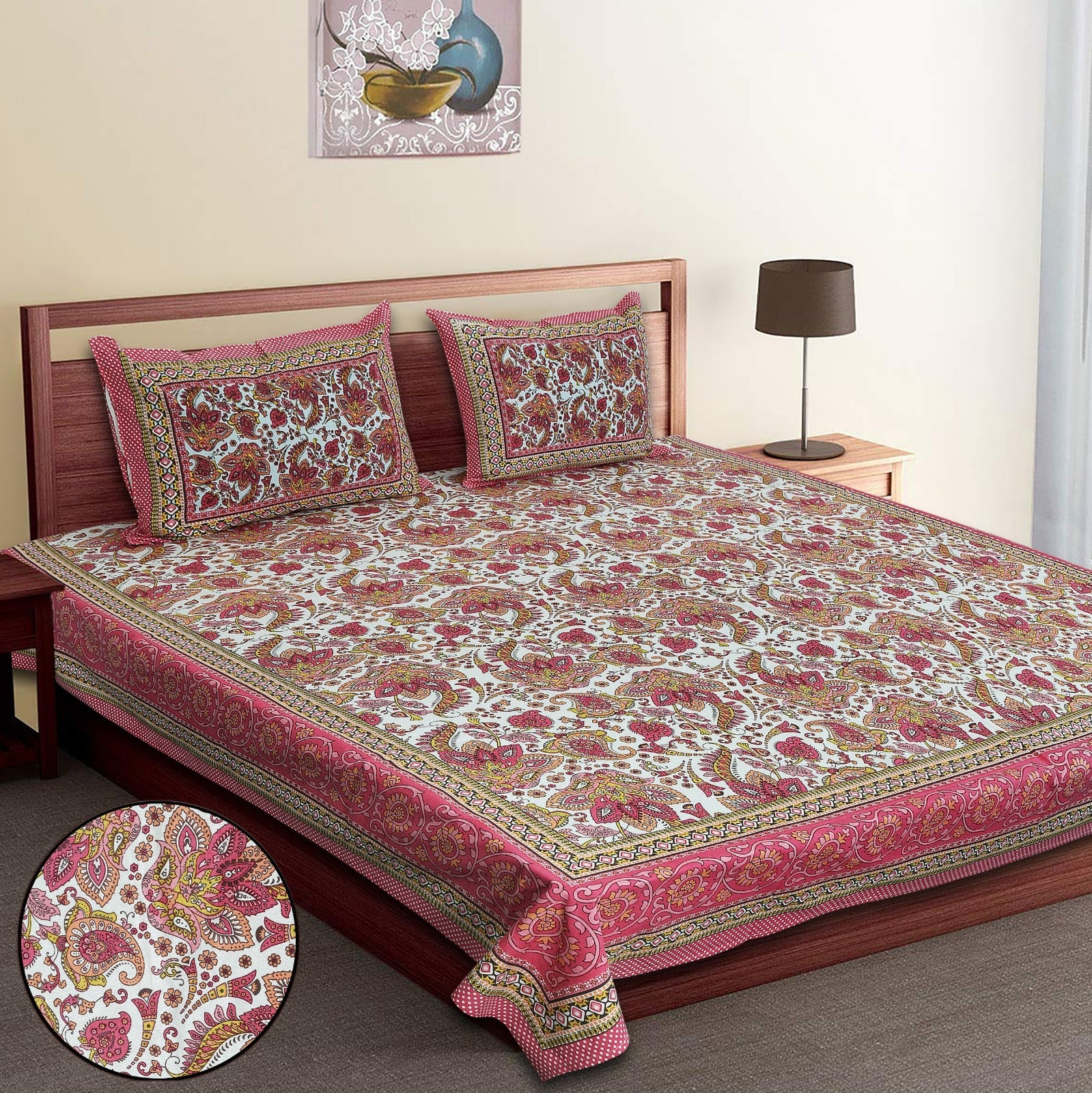 King-Size Bed Sheet Set with 2 Pillow Covers (Cotton Autoloom Fabric)