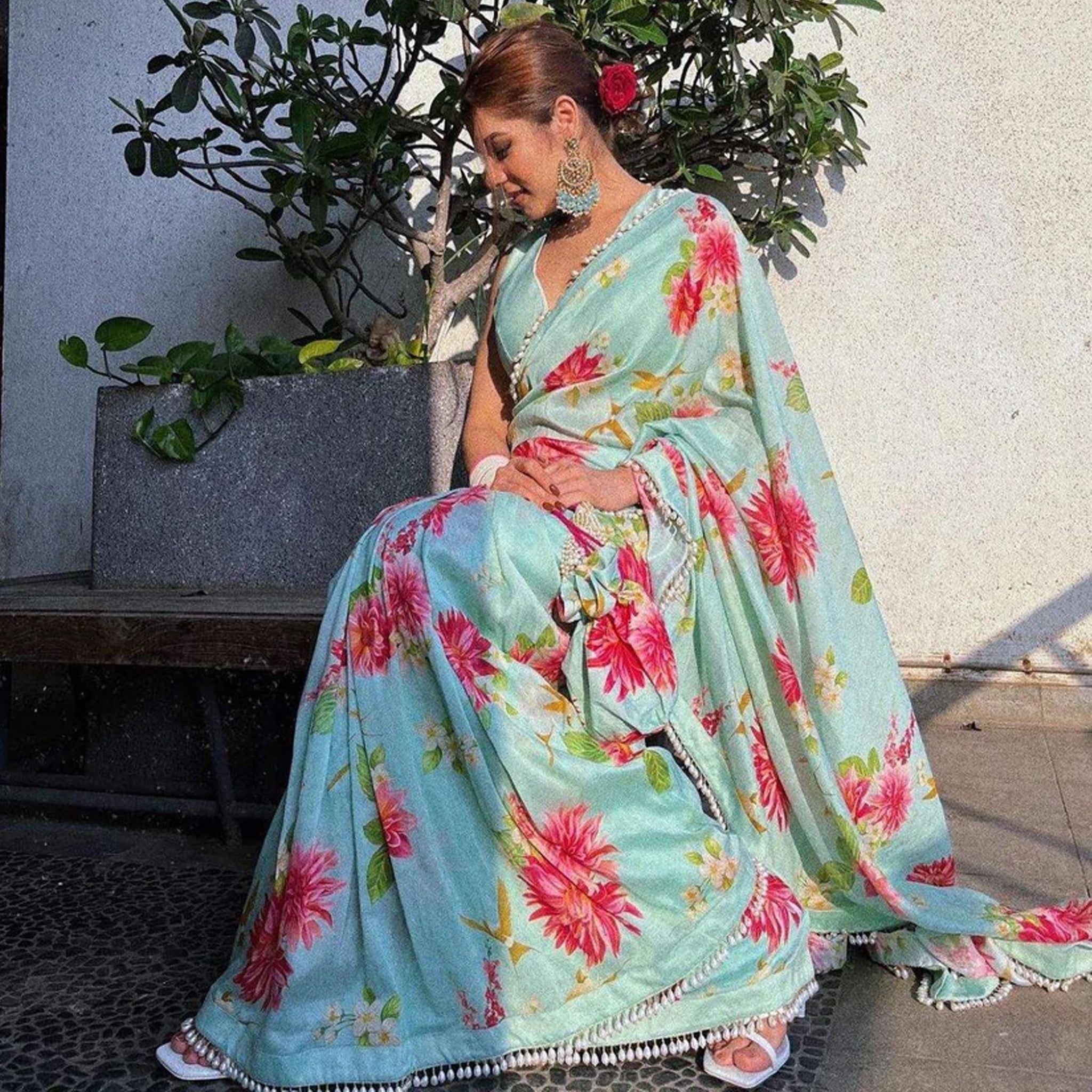 Sky colored Flower Printed Satin Saree