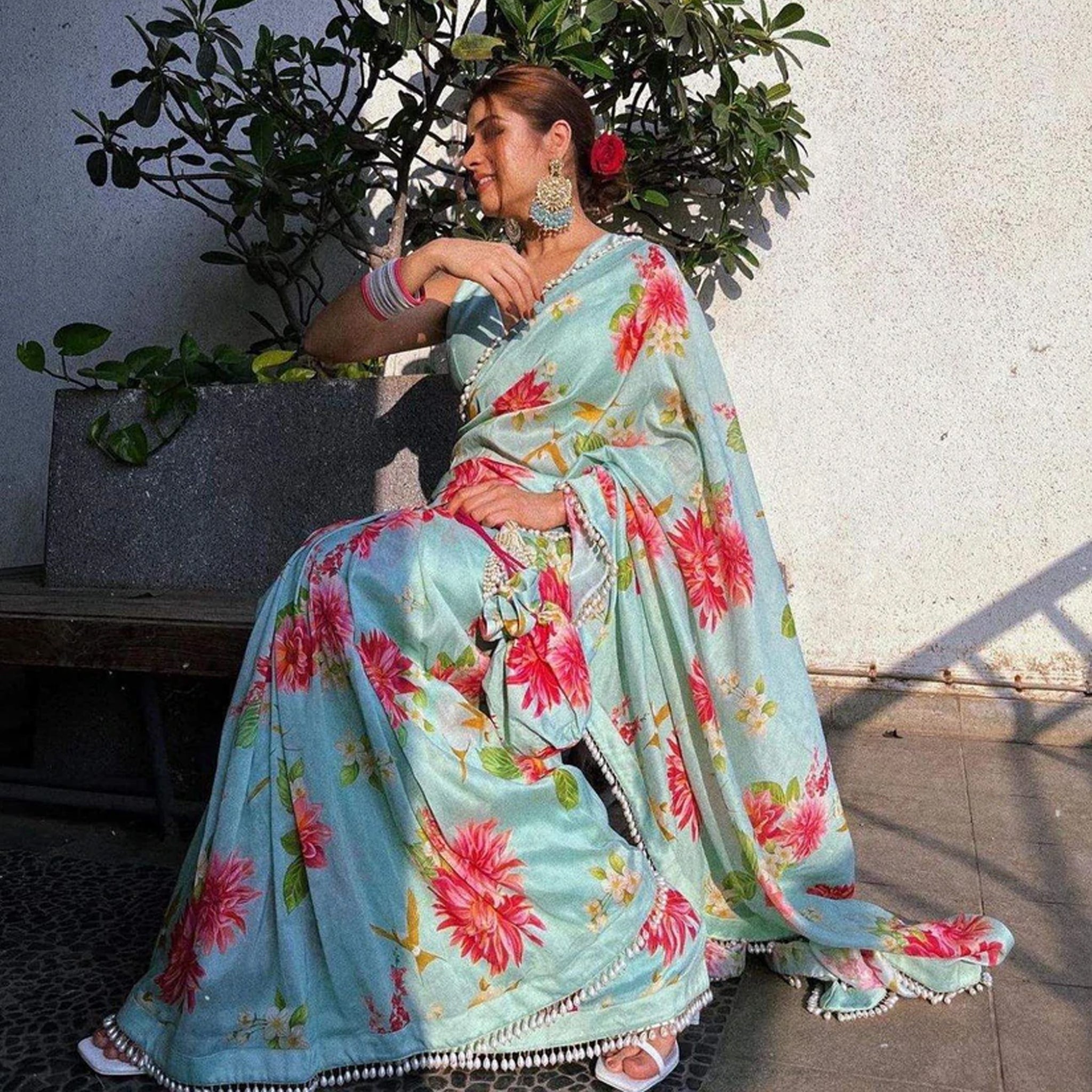 Sky colored Flower Printed Satin Saree