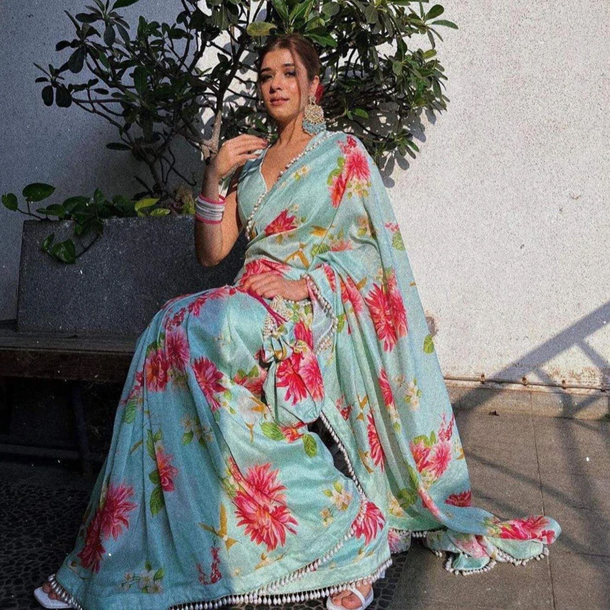Sky colored Flower Printed Satin Saree