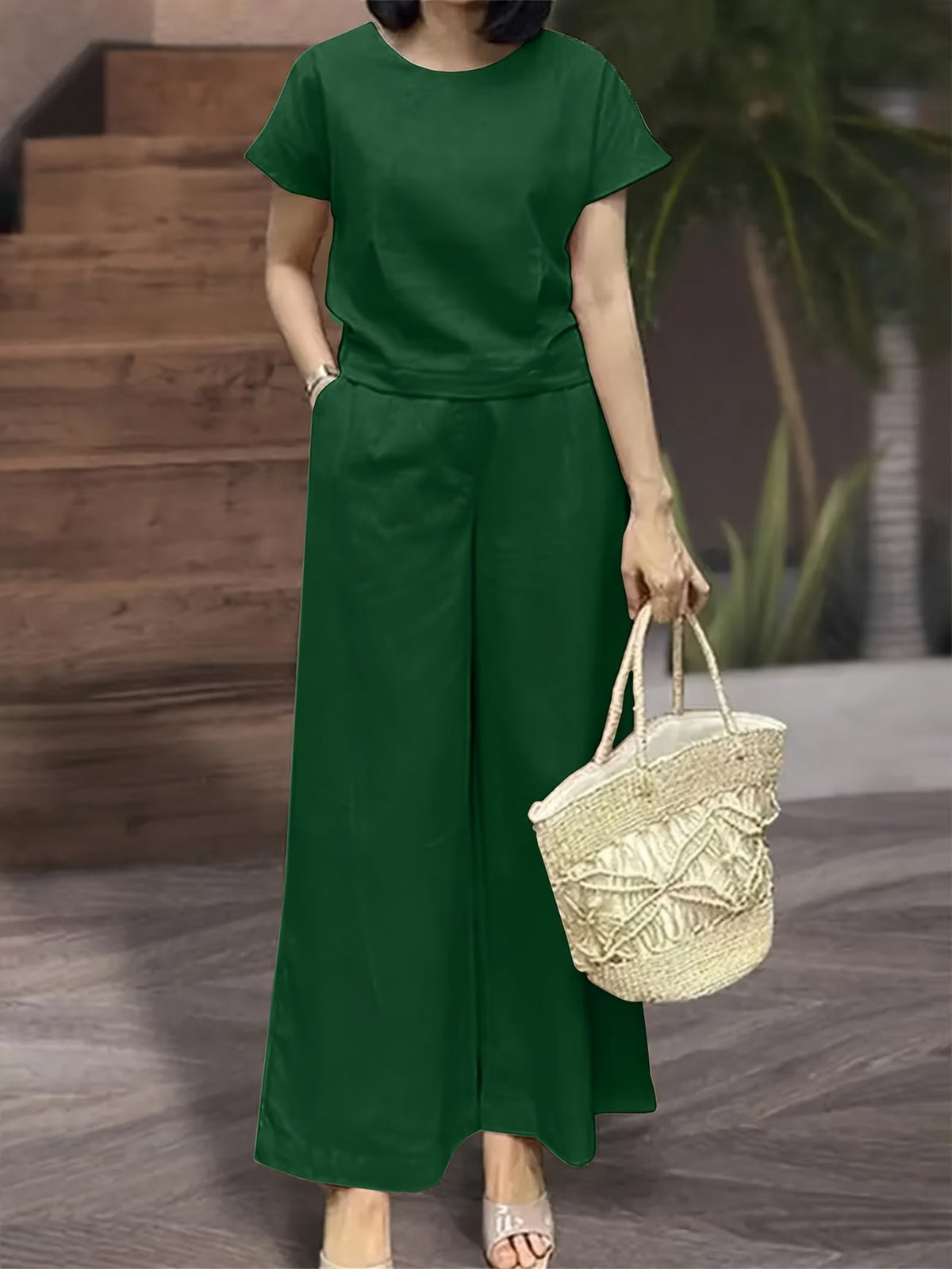 Women's Solid Color Short Sleeve Top & Wide-Leg Pants Co-Ord Set
