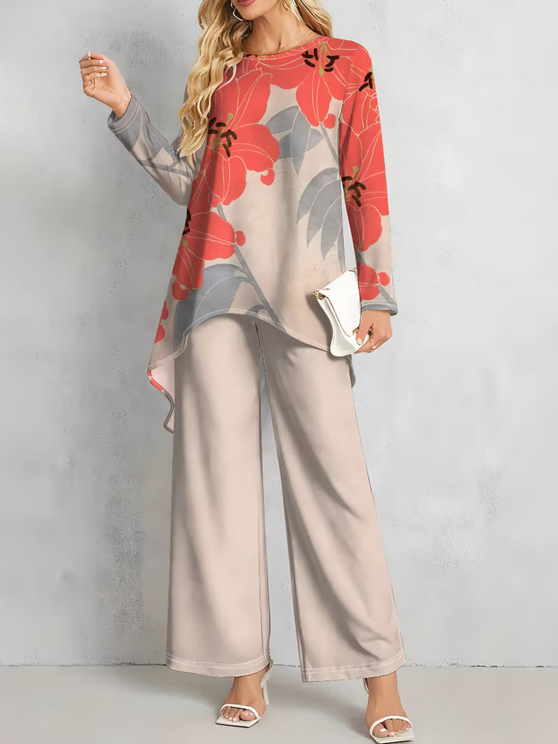 Women’s Long-Sleeve Floral Suit – Light Red Flowers on Gray, Casual & Vacation Wear