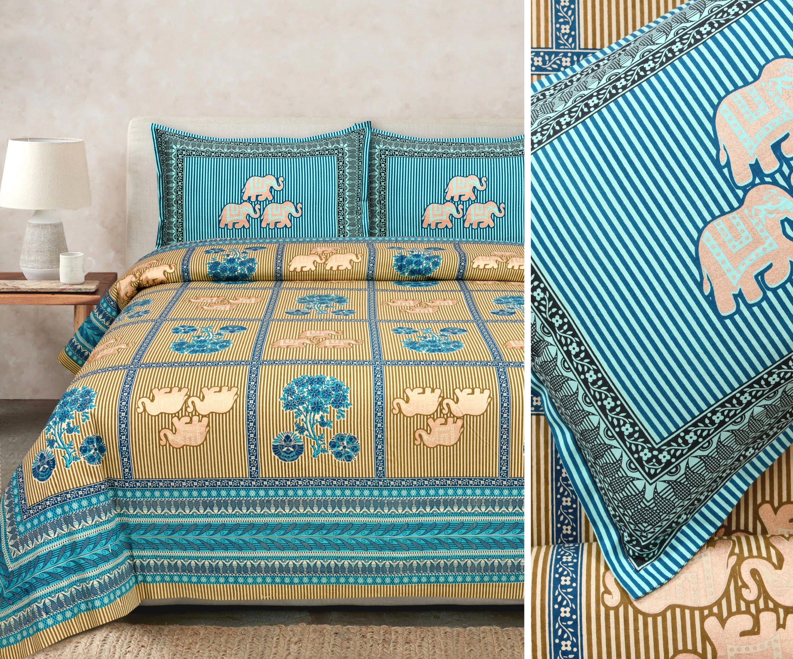 Gold-Print Cotton Bedsheet Set with Coordinated Pillow Covers