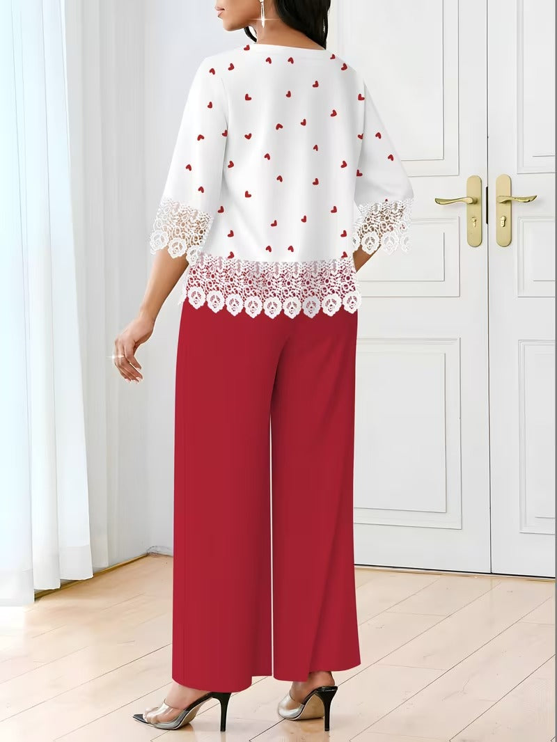 Chic Polka Dot Lace Co-Ord Set – Elegant Round Neck Top with Relaxed Fit Solid Trousers